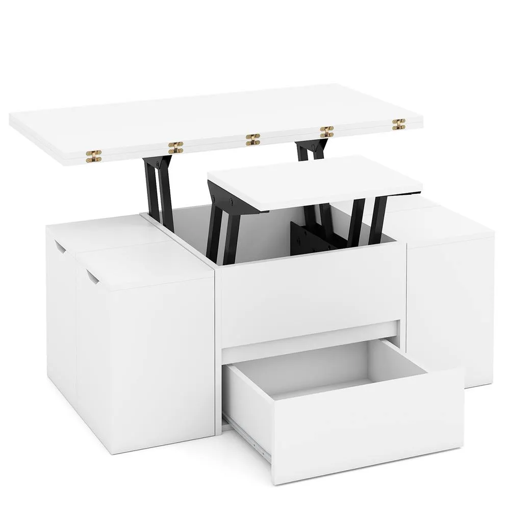 Costway Lift Top Coffee Table with 4 Storage Stools in White 4