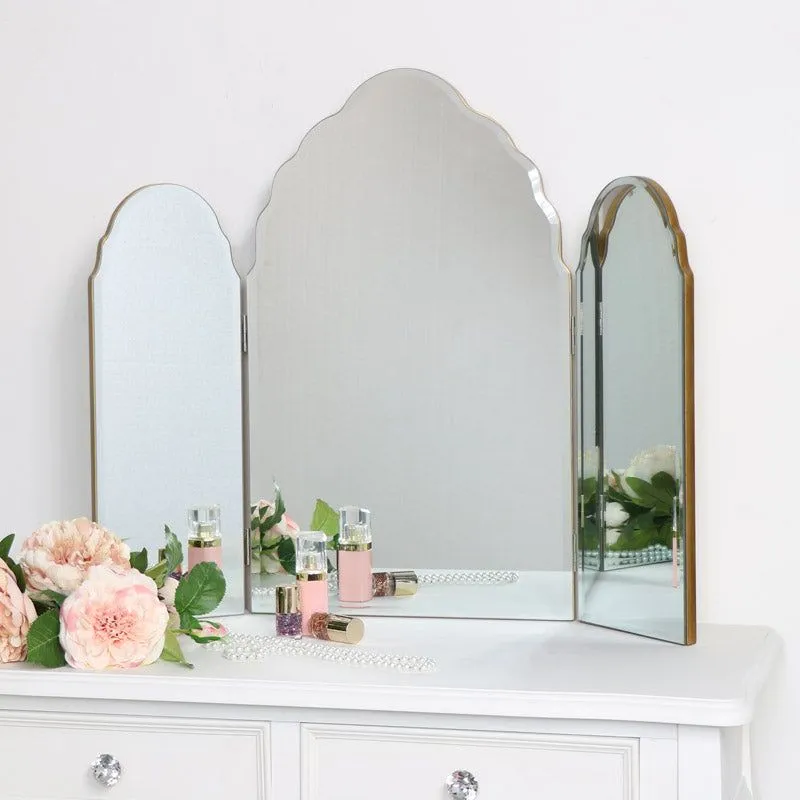Melody Maison Antique Gold Arched Triple Vanity Mirror 60cm X 72cm in Metallic Gold
