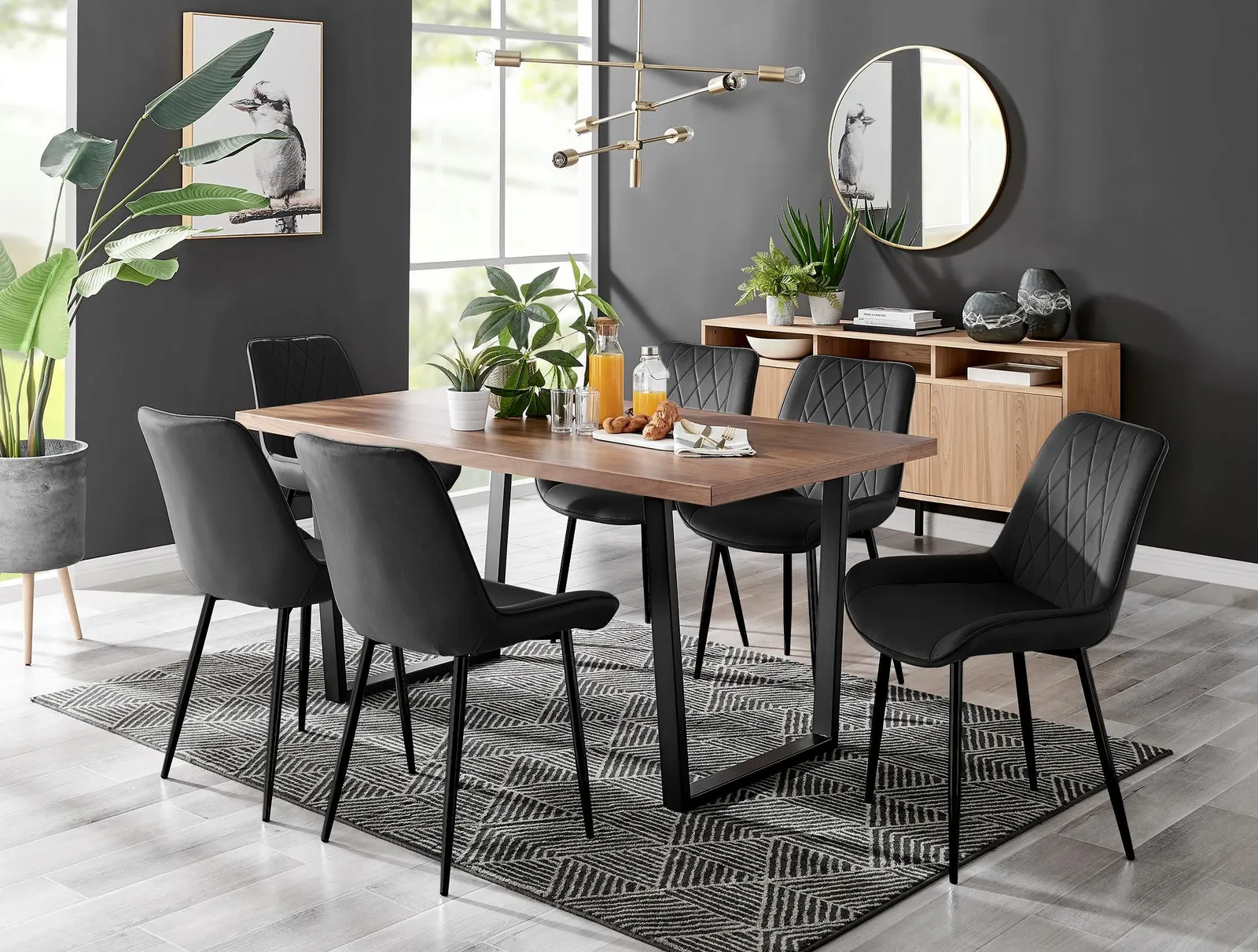FurnitureboxUK Kylo Large Brown Wood Effect Dining Table & 6 Pesaro Velvet Black Leg Chairs 1