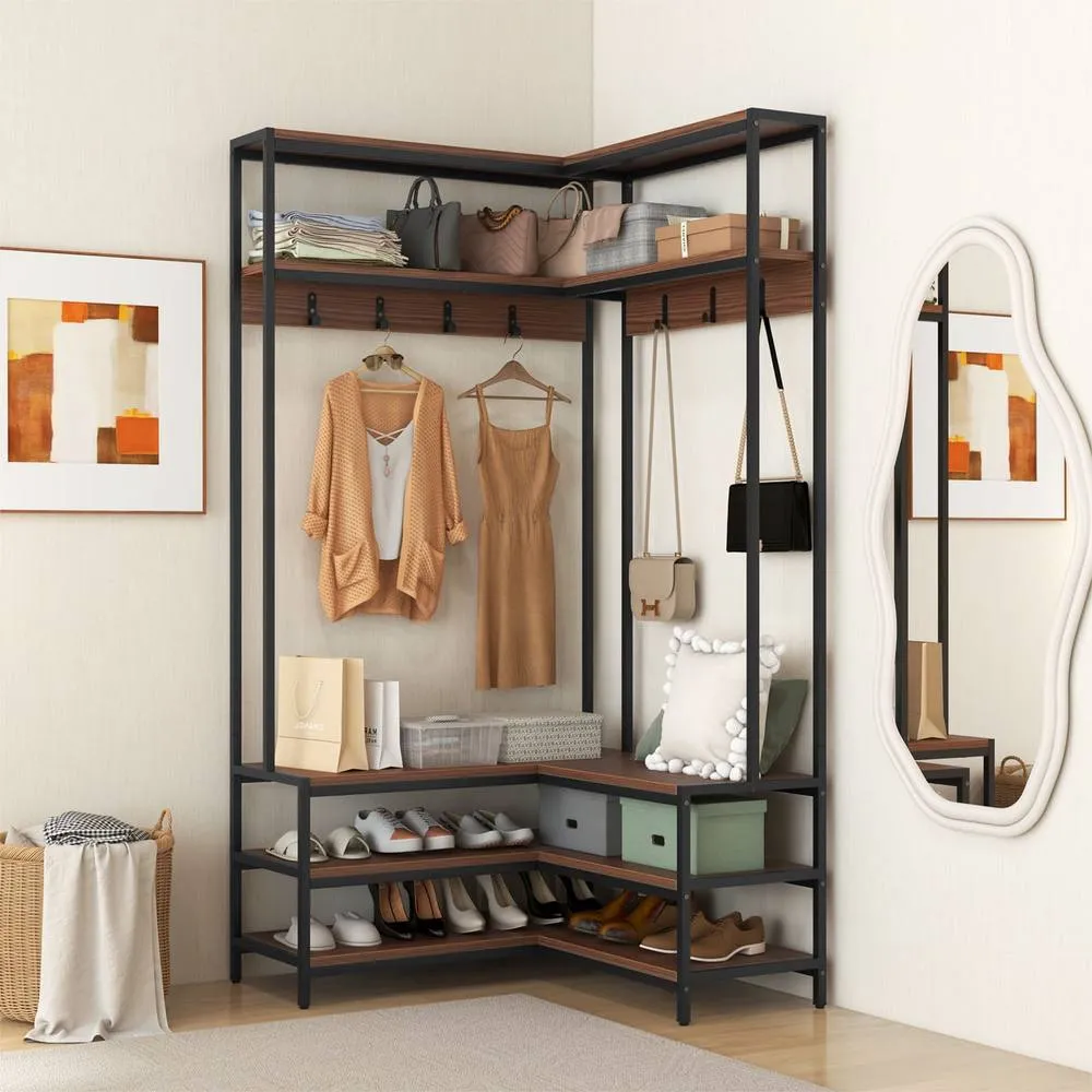 Costway Corner Garment Rack L-shaped Clothes Rack w/ Open Shelves-Walnut in Brown 4