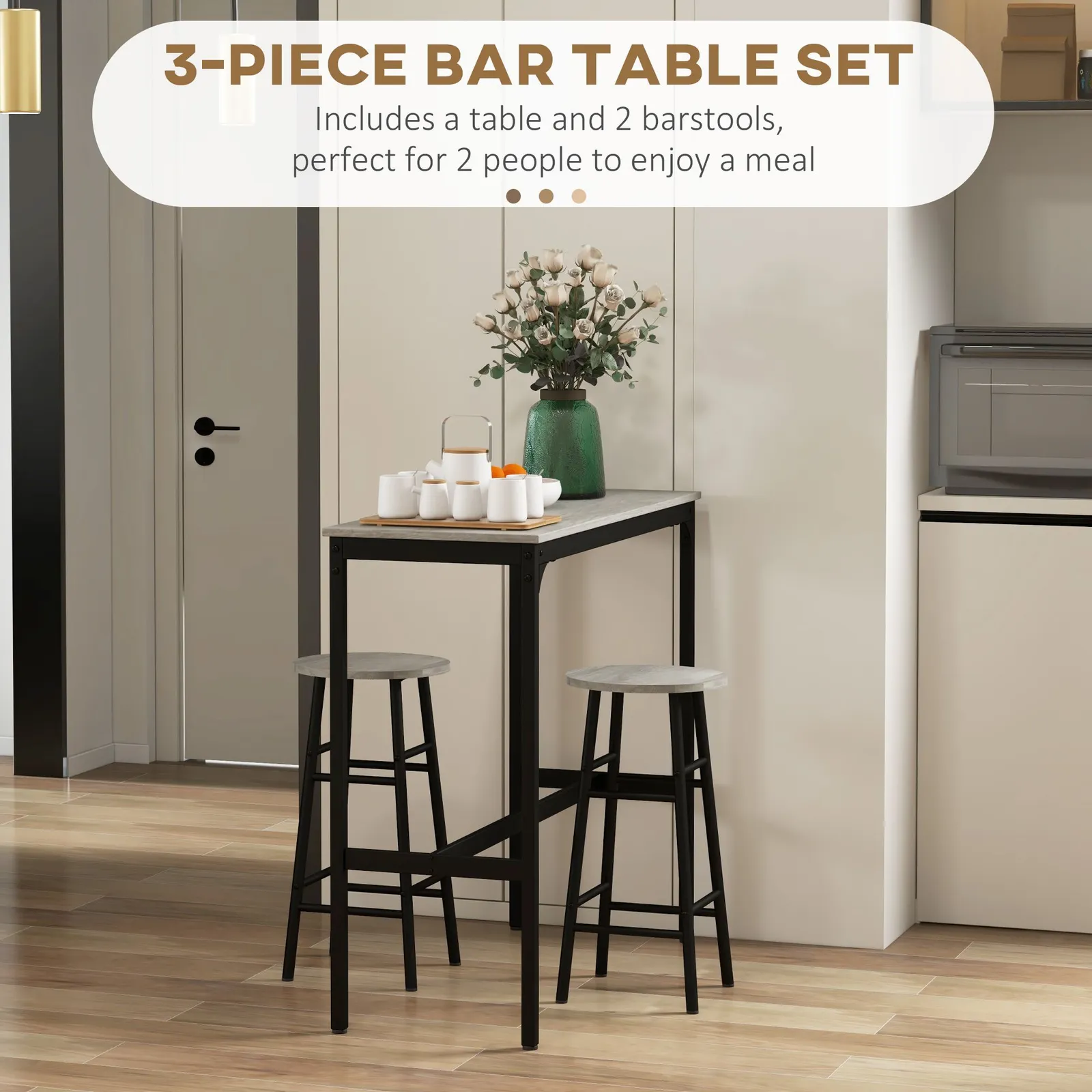 HOMCOM 3 Piece Bar Set with 2 Stools, Industrial Kitchen & Chair Set Grey 4