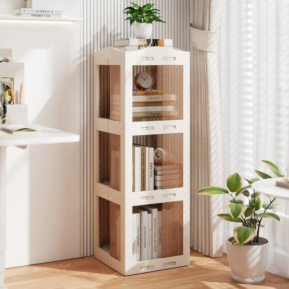 Costway Foldable Rotating Bookshelf 3-Tier Revolving Bookcase Display Shelf in White 4