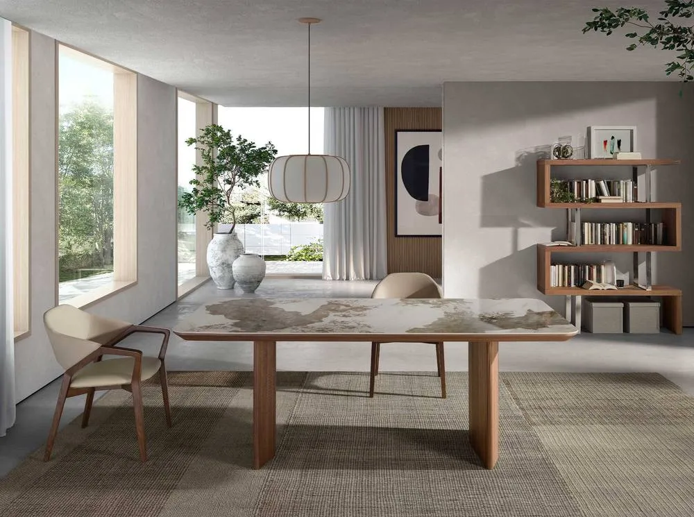 Angel Cerda Rectangular Porcelain Marble Dining Table with Walnut in White 3