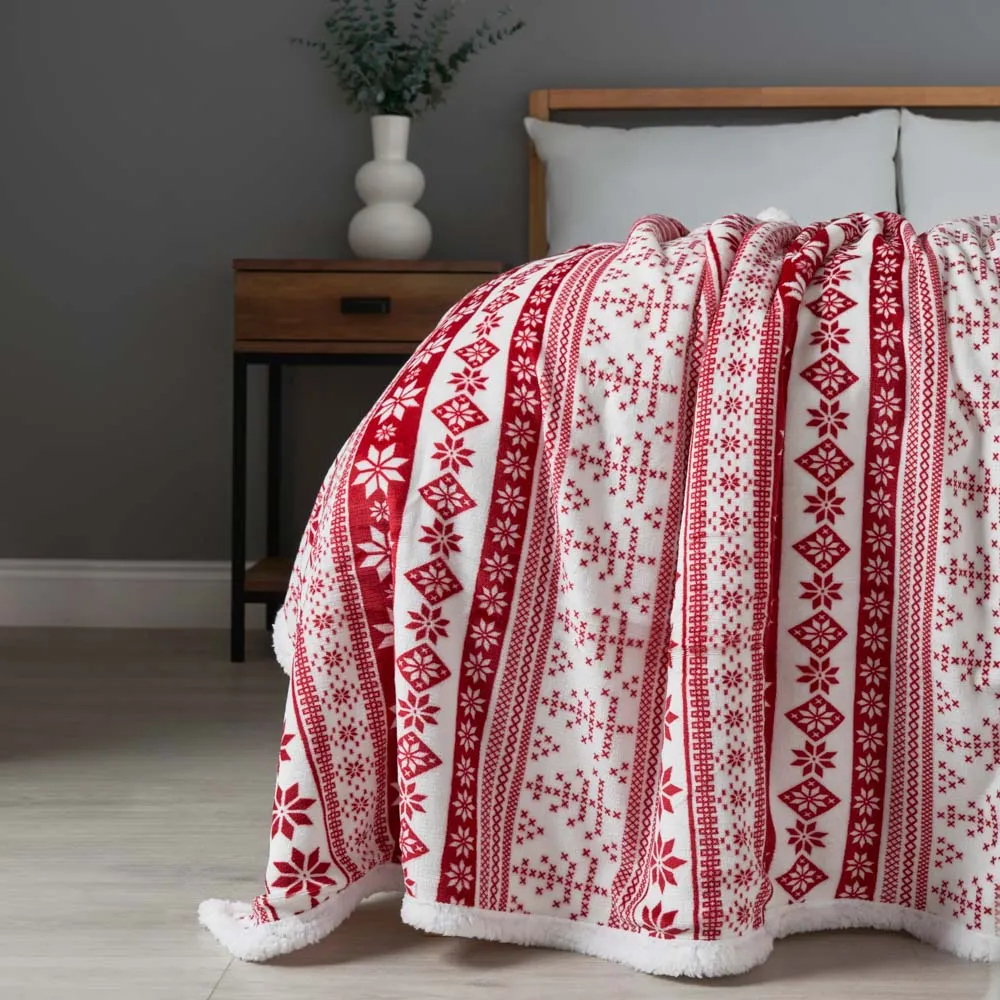 Christmas Fairisle Throw with Sherpa Back, Red