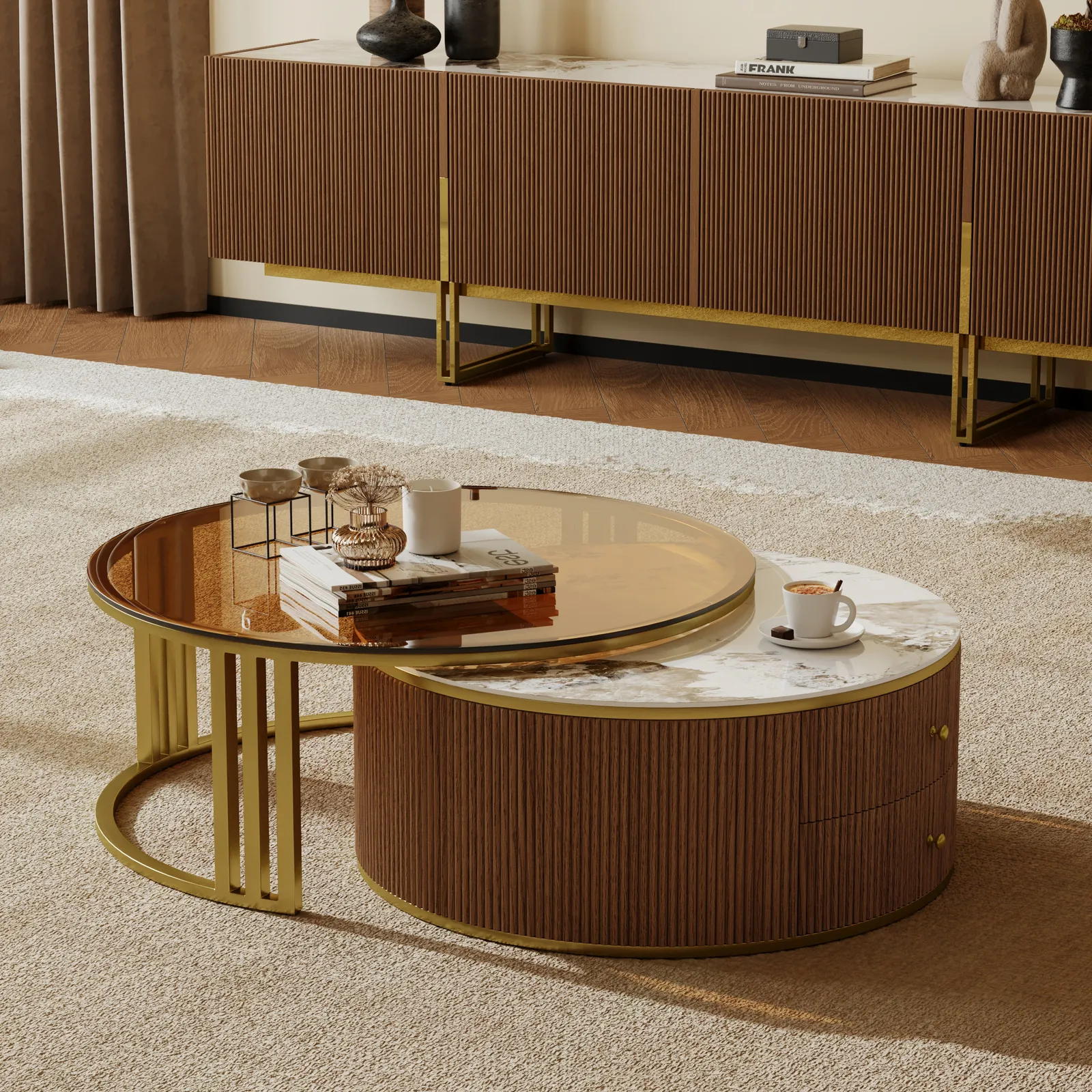Grovyn Round Nesting Coffee Table Set with Sintered Stone Top(70 - 80 cm)