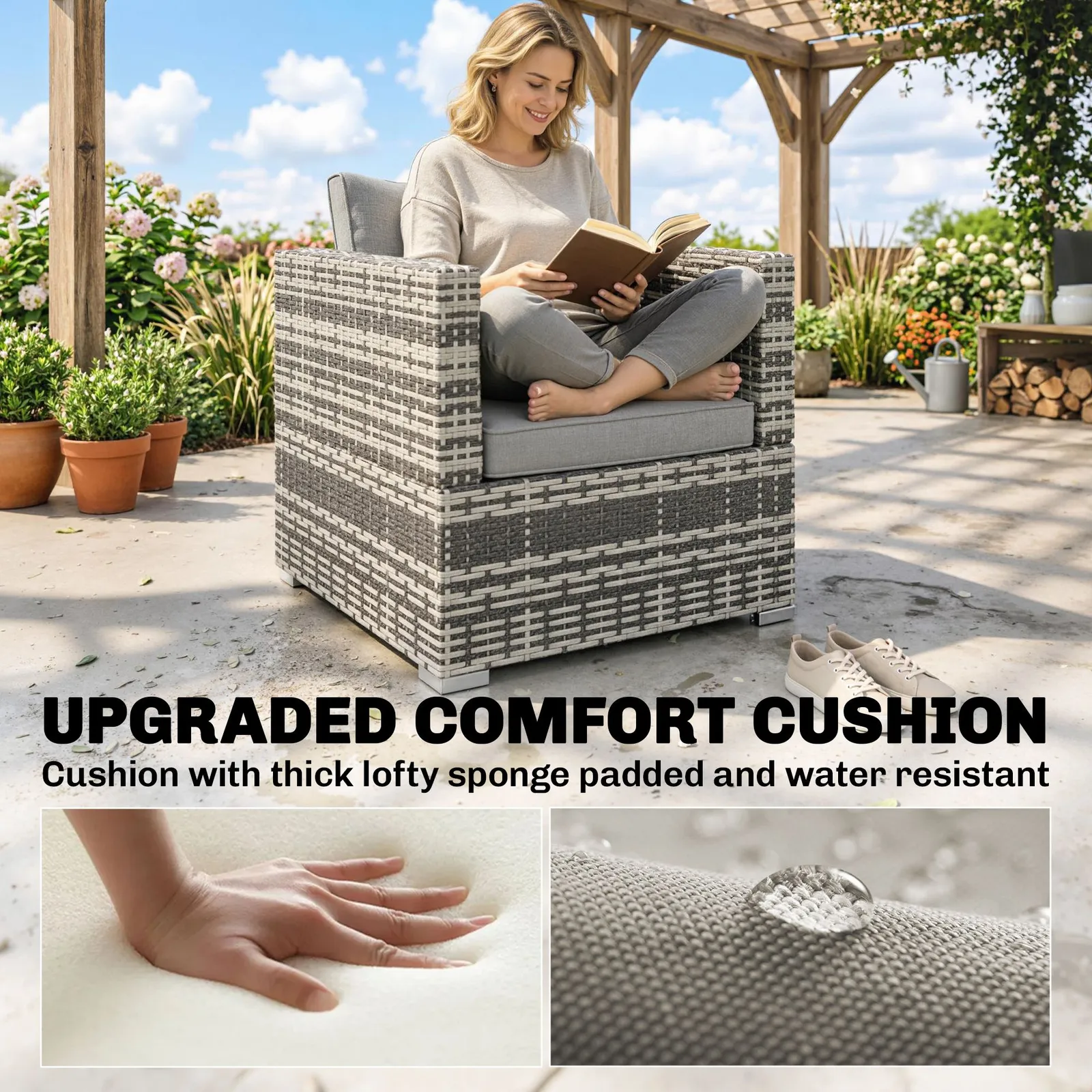 OUTSUNNY Outdoor Garden Furniture Rattan Single Middle Sofa w/ Cushions in Grey 5