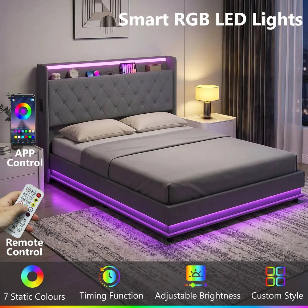 HOMCOM Lift up Storage Bed Frame with RGB LED Lights, 150 x 200cm, Dark Grey 5