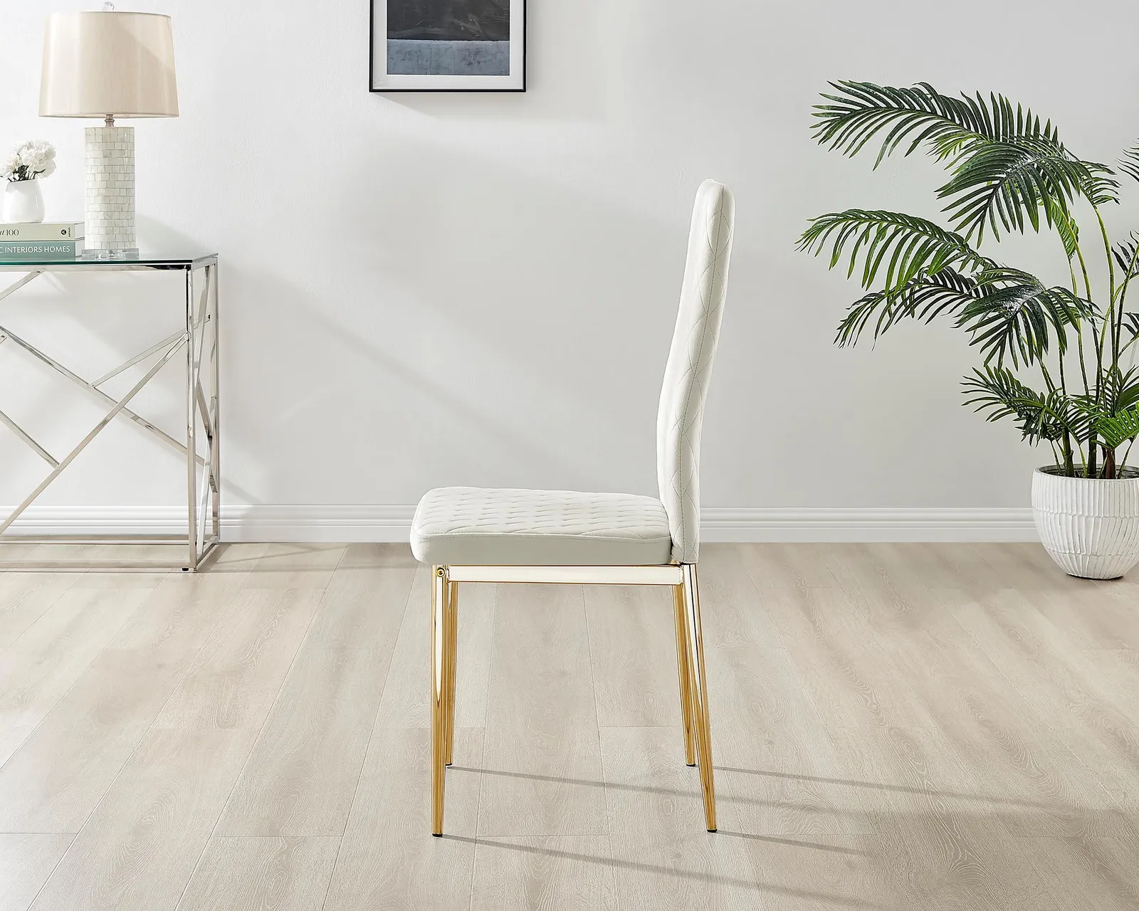 FurnitureboxUK Set of 4 Milan High Back Soft Touch Diamond Pattern Velvet Dining Chairs With Gold Chrome Metal Legs in Cream 5