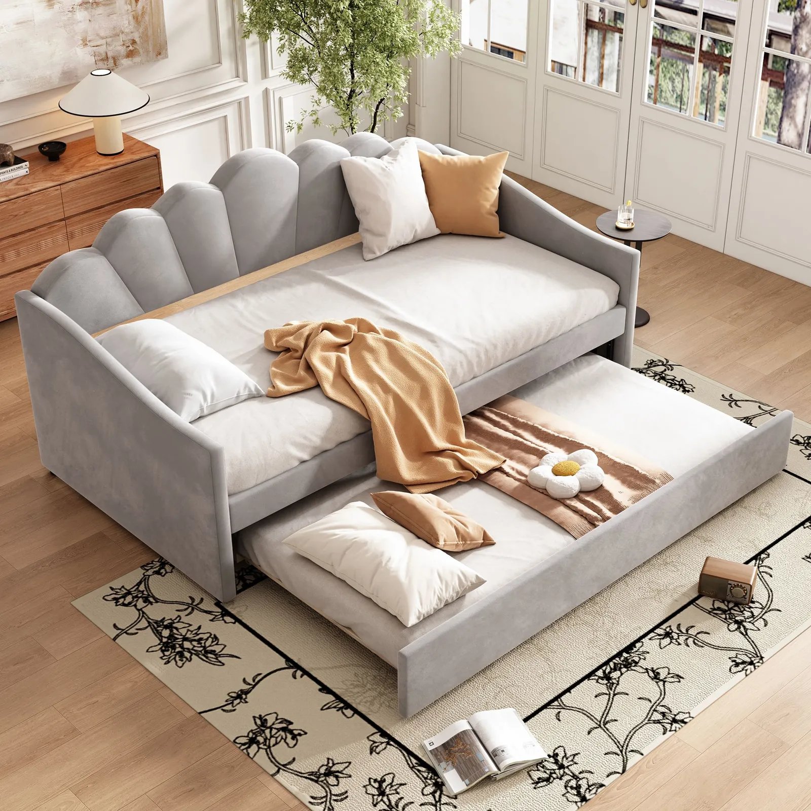 Matteo Upholstered Bed, 3FT Single Bed Bottom With Trundle Bed in Grey