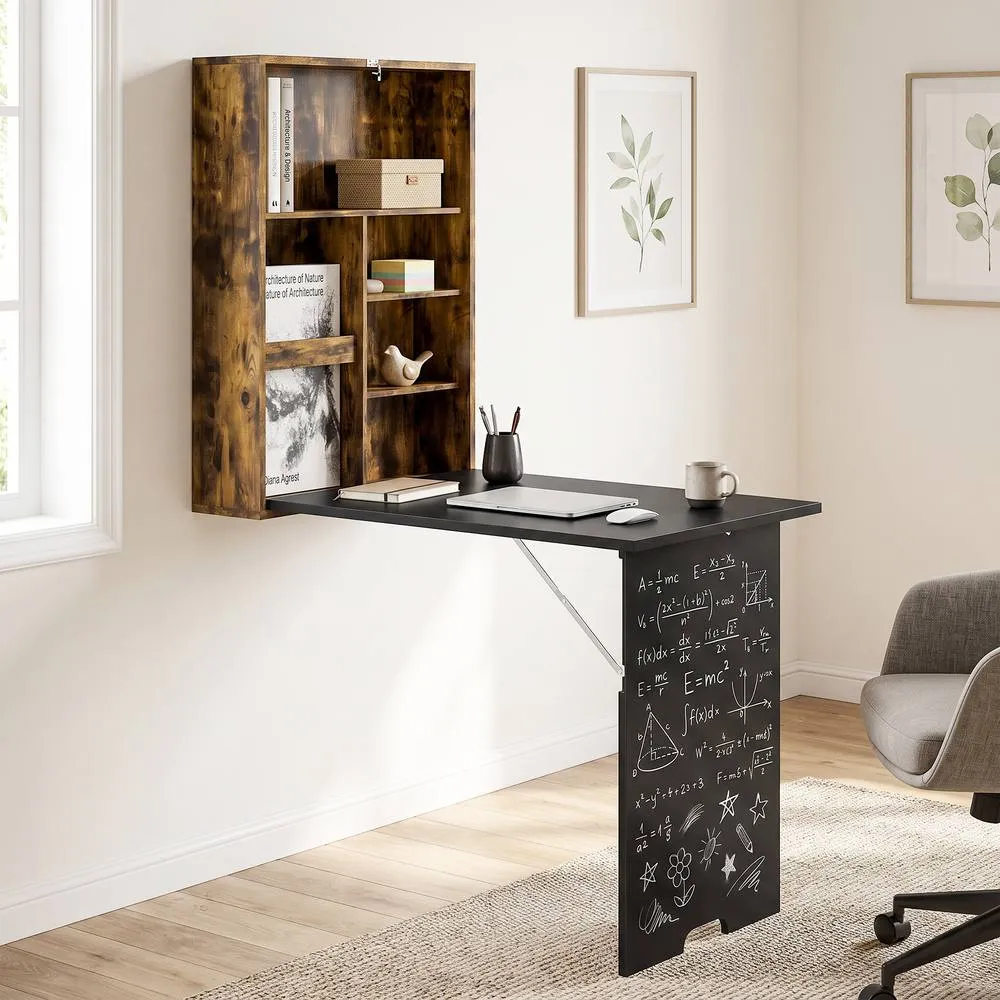 HOMCOM Folding Wall-Mounted Drop-Leaf Table Chalkboard Shelf Rustic Brown 2