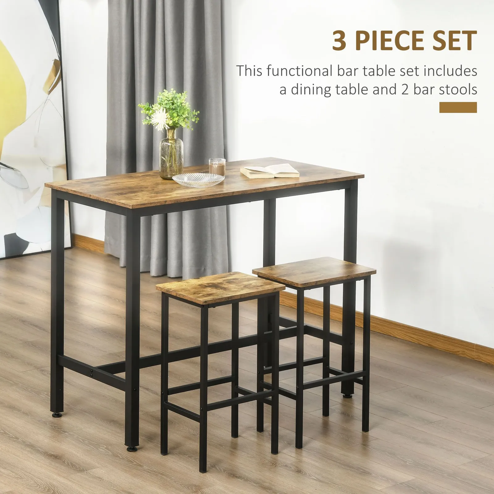 HOMCOM 3 Piece Industrial Bar Table Set Breakfast Table with 2 Stools in Brown 4