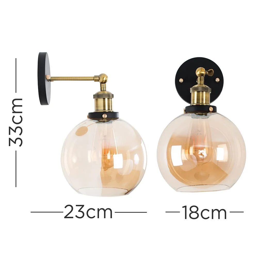 ValueLights Sheridan Pair of Industrial Clear Glass Bowl Gold Trim Black Wall Lights & LED Bulbs in Orange 5