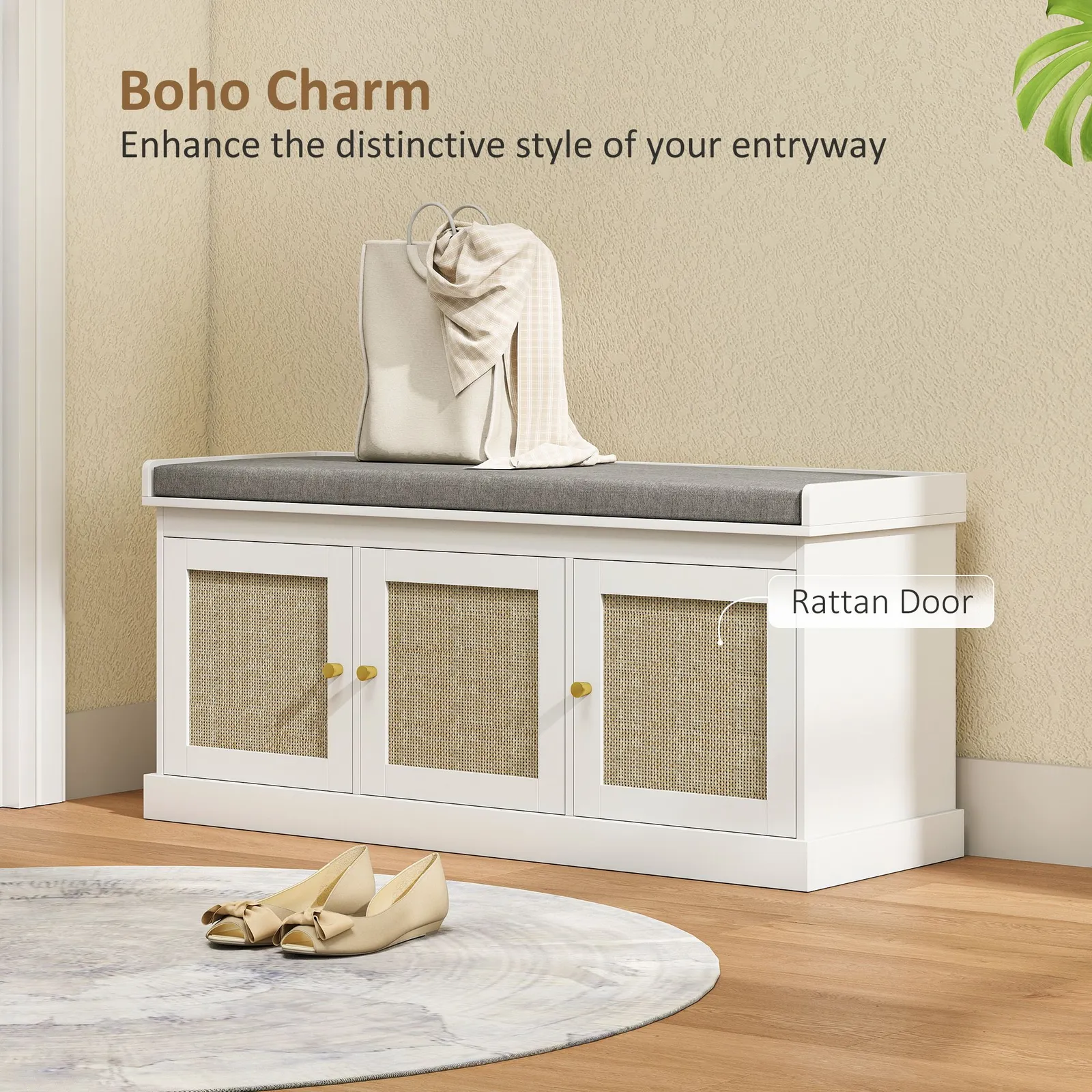 HOMCOM Shoe Storage Bench with Rattan Doors, Cushion, Entryway Shoe Bench in White 4