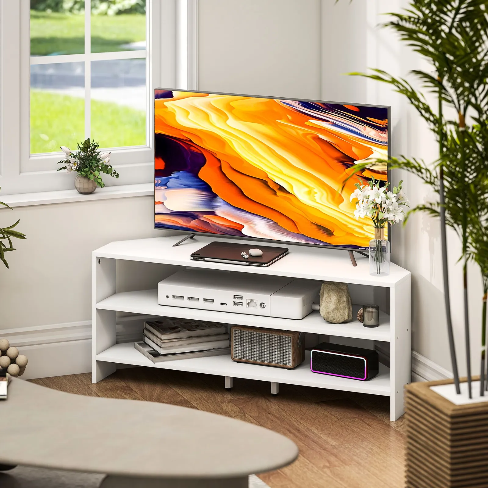 HOMCOM Corner TV Stand, TV Unit with Open Shelves for 47 Inch TV in White