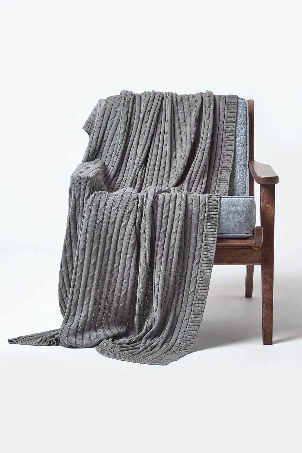 Homescapes Cotton Cable Knit Throw Soft & Cosy Vintage Blanket in Grey