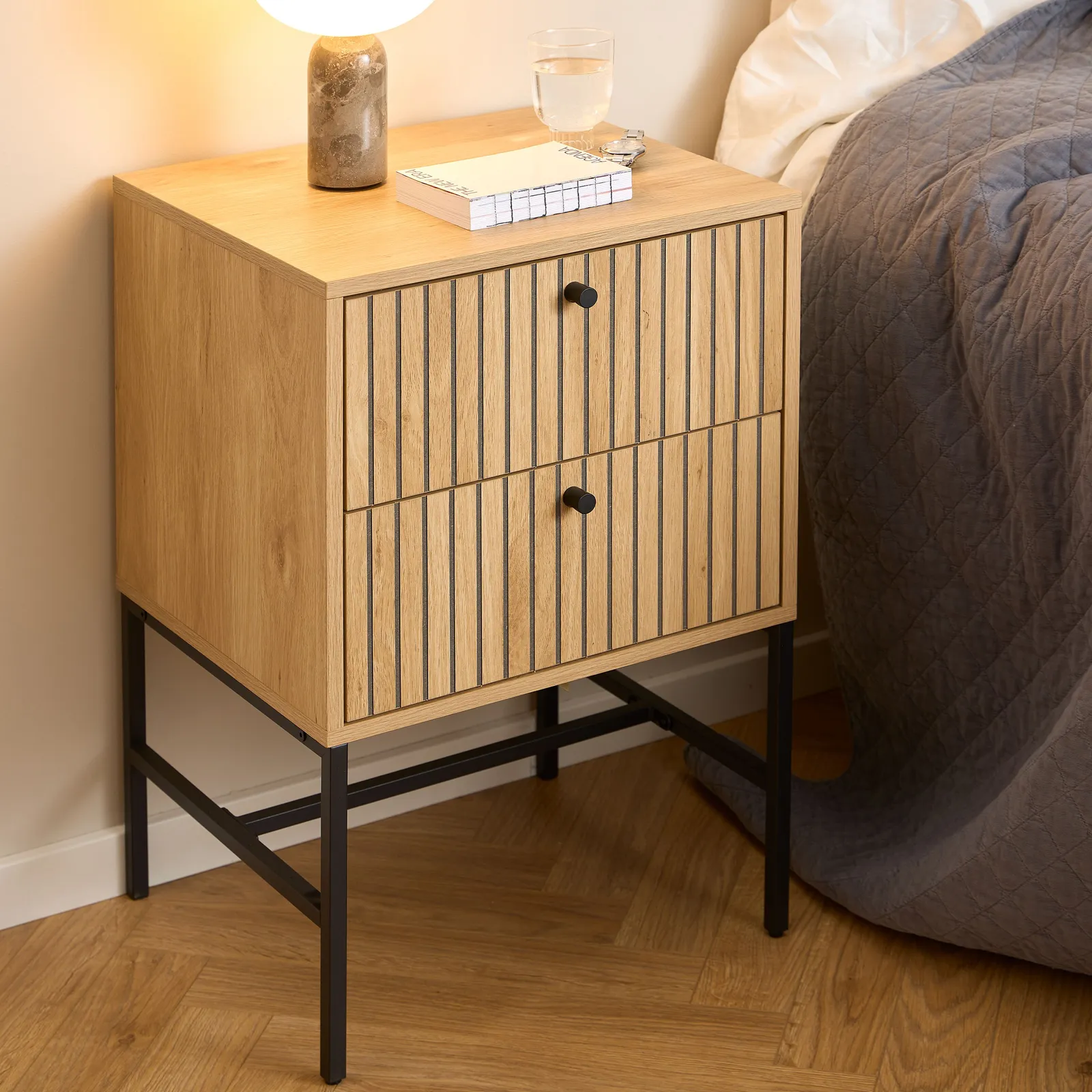 Furniture To Go Albany 2 Drawer Bedside Table in Oak/Black Legs in Brown 5