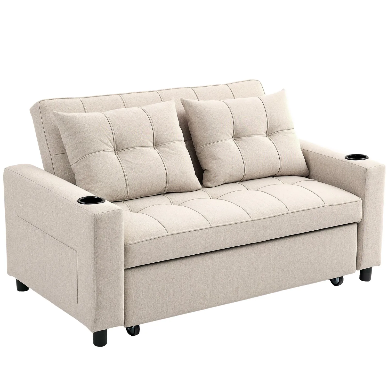 HOMCOM 2 Seater Pull Out Sofa Bed with Pockets for Living Room Beige 2