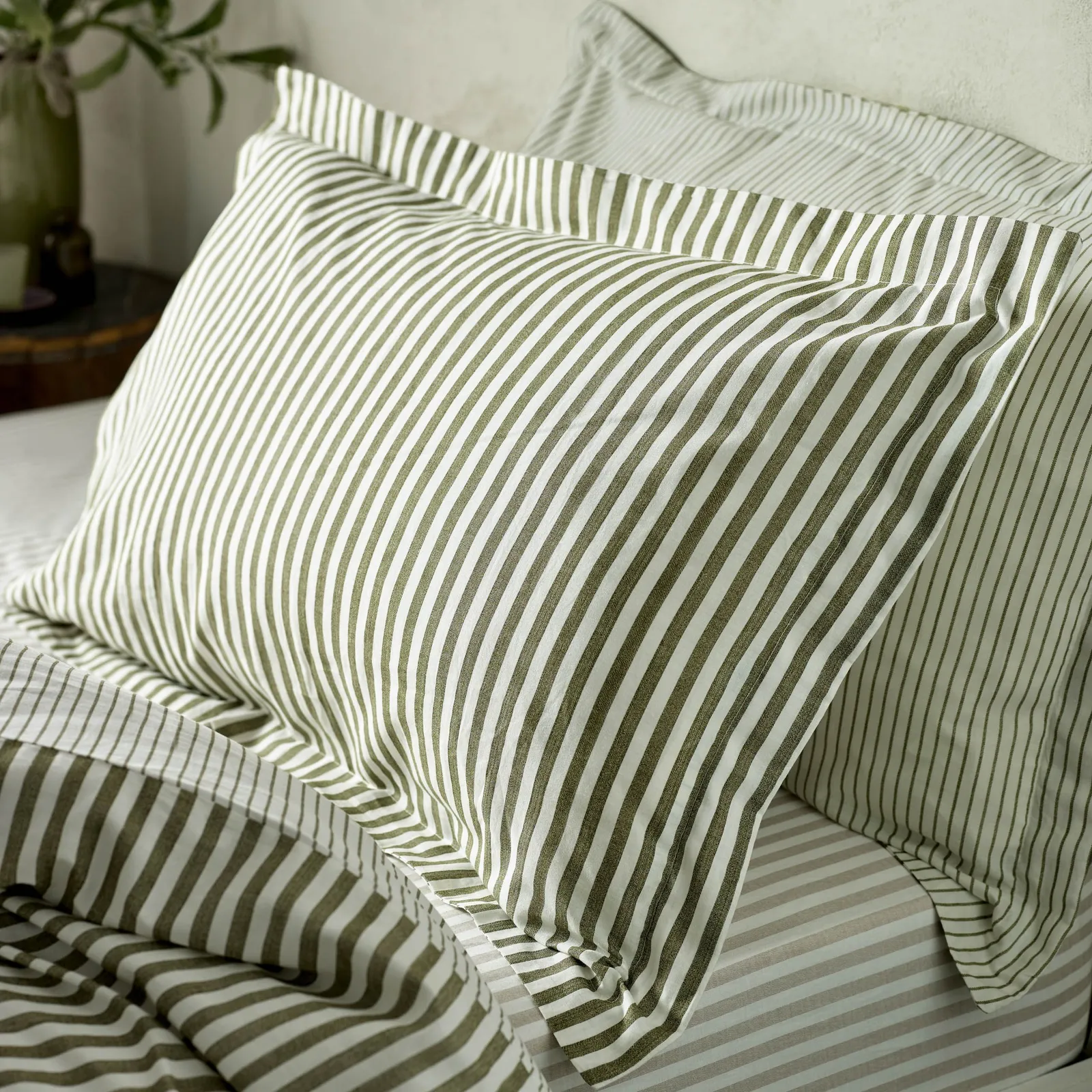 Yard Hebden Striped 100% Cotton Pillowcase Pair in Olive 1