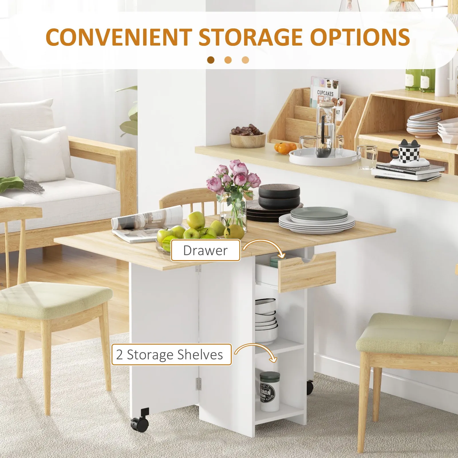 HOMCOM Foldable Dining Table, Drop Leaf Table with Storage for Kitchen in Light Oak 4