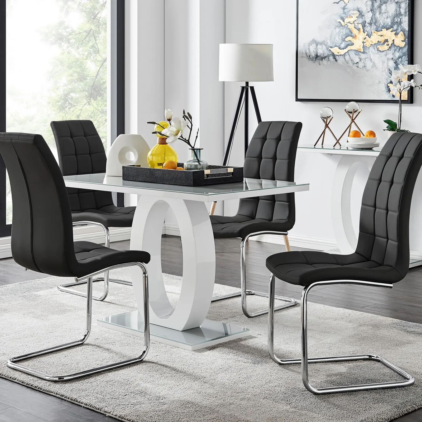 FurnitureboxUK Giovani Grey White Modern High Gloss & Glass Dining Table & 4 Murano Chairs Set in Black