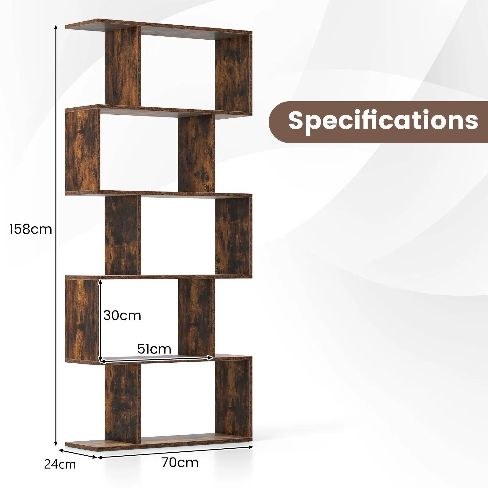 Costway 5-tier Bookcase S-Shaped Bookshelf Wooden Storage Display Rack in Brown 2