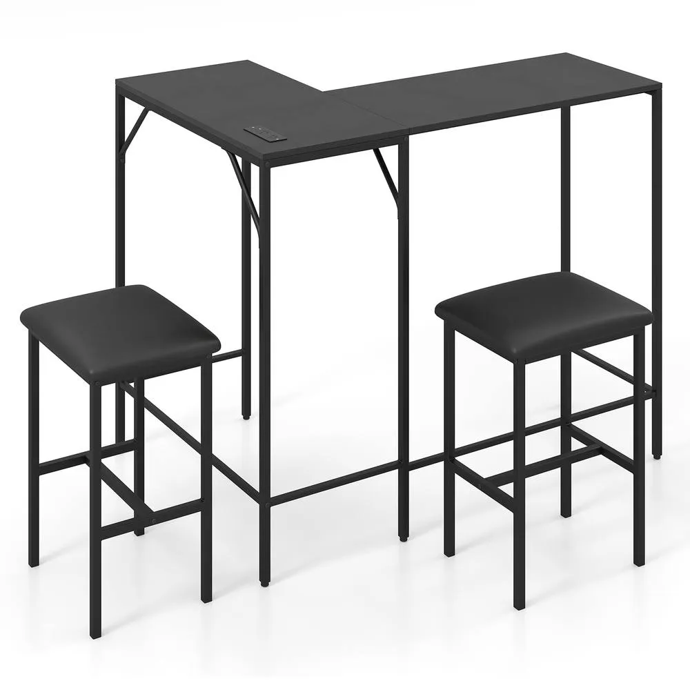 Costway 3-Piece Bar Table & Chair Set L-Shaped Table 2 AC Outlets in Black