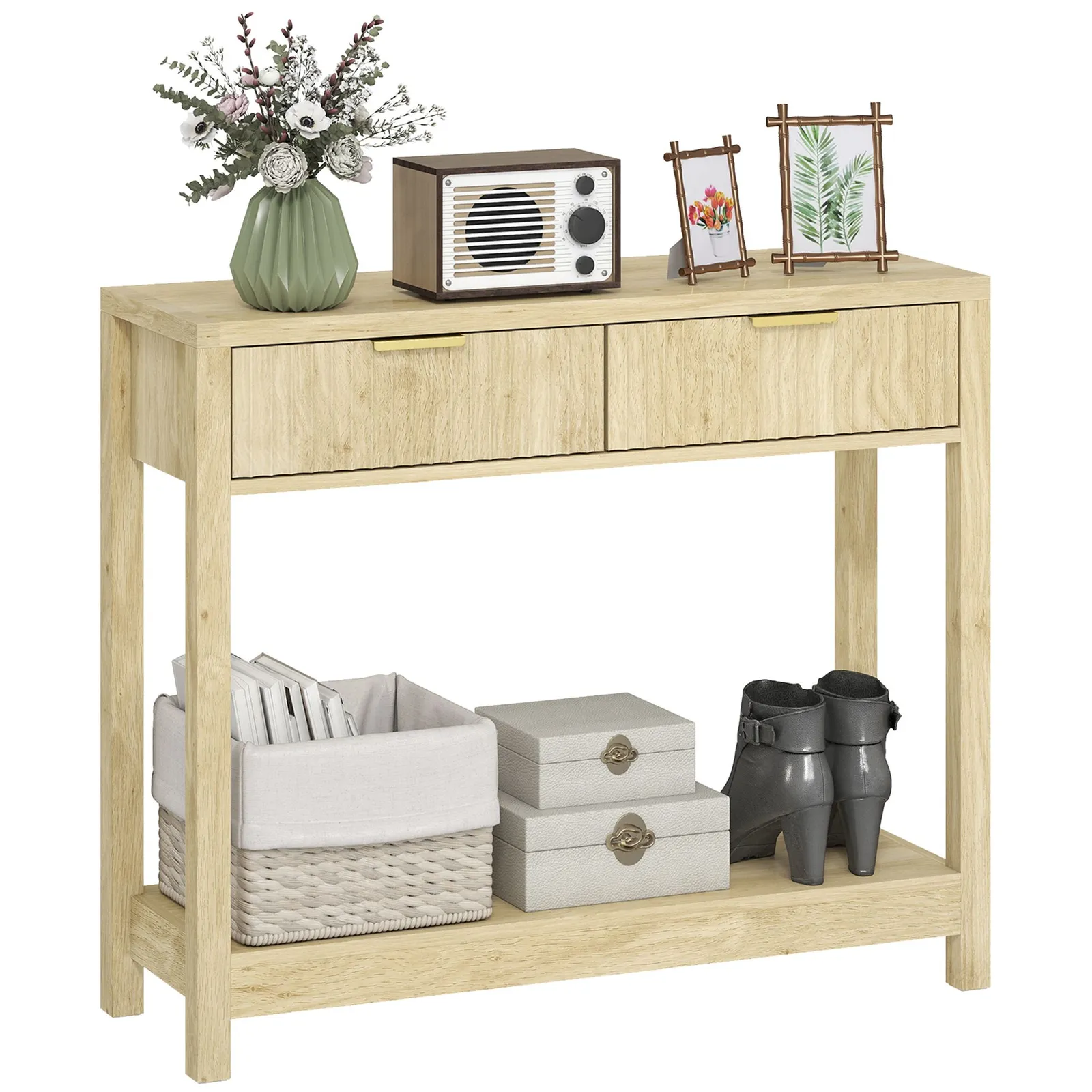 HOMCOM Modern Console Table with Fluted Panel Drawers, Narrow Hallway Table in Natural 2