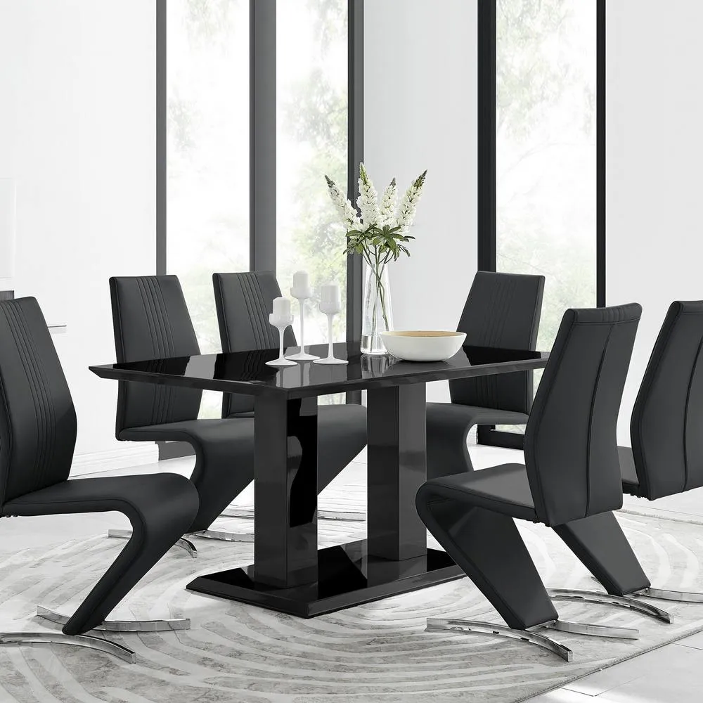 FurnitureboxUK Imperia Black High Gloss Dining Table & 6 Black Luxury Willow Chairs