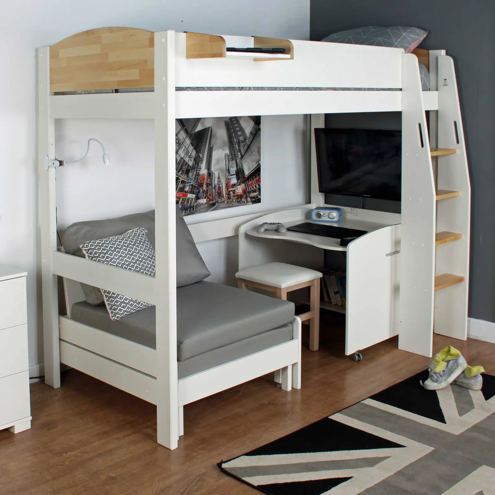 Urban Birch Childrens Highsleeper Bed with Desk and Futon