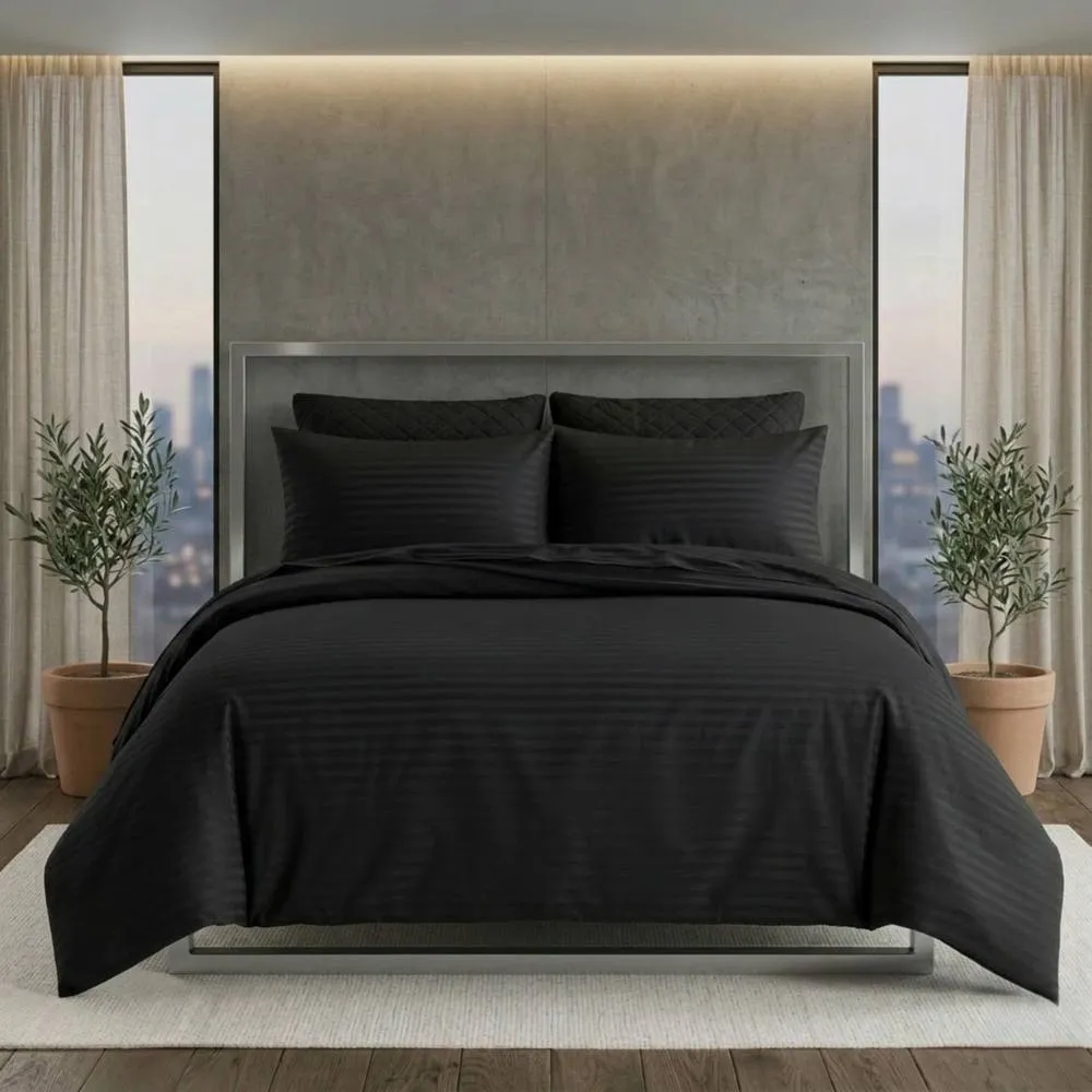 Snug City Luxury Satin Stripe Duvet Cover Set T250 Cotton Rich Soft Bed Linen in Black