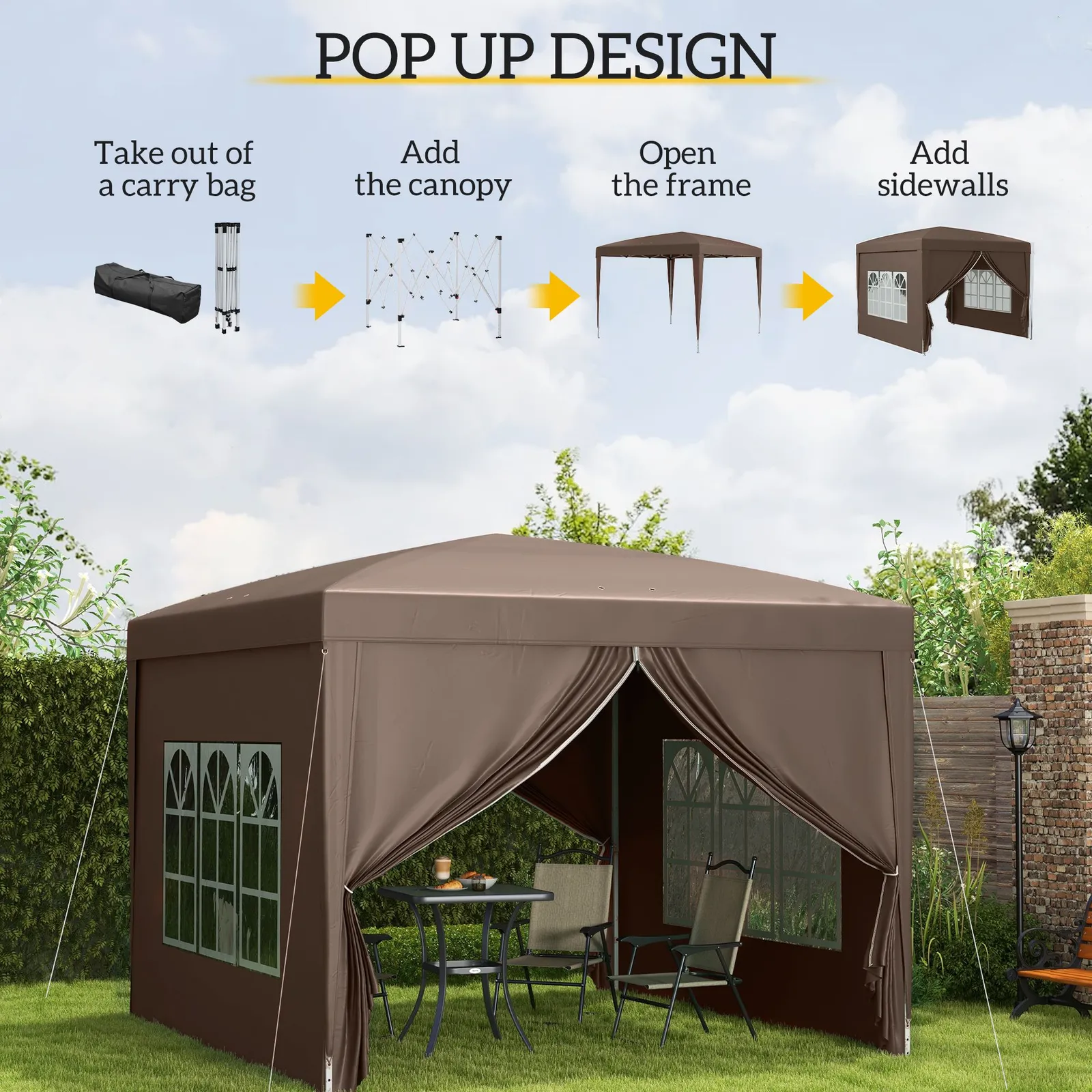 OUTSUNNY 3mx3m Pop Up Gazebo Party Tent Canopy Marquee with Storage Bag in Brown 4