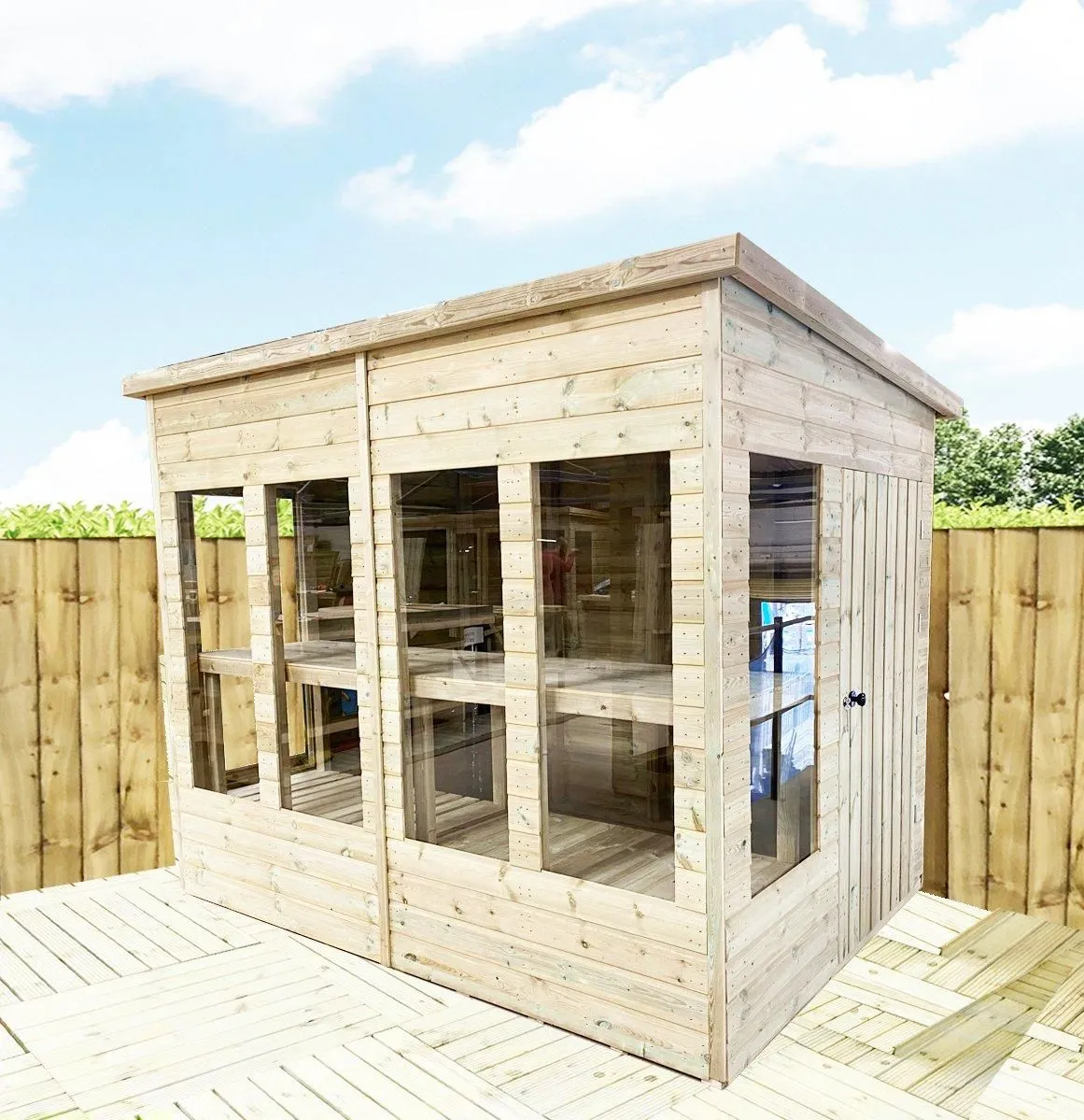Marlborough 15 x 9 Pressure Treated Wooden Pent Potting Greenhouse & Bench in Natural