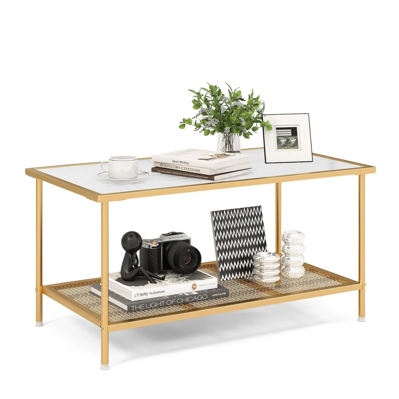 Costway 2-Tier Coffee Table Rectangle Cocktail Accent Table with Tempered Glass Top in Gold