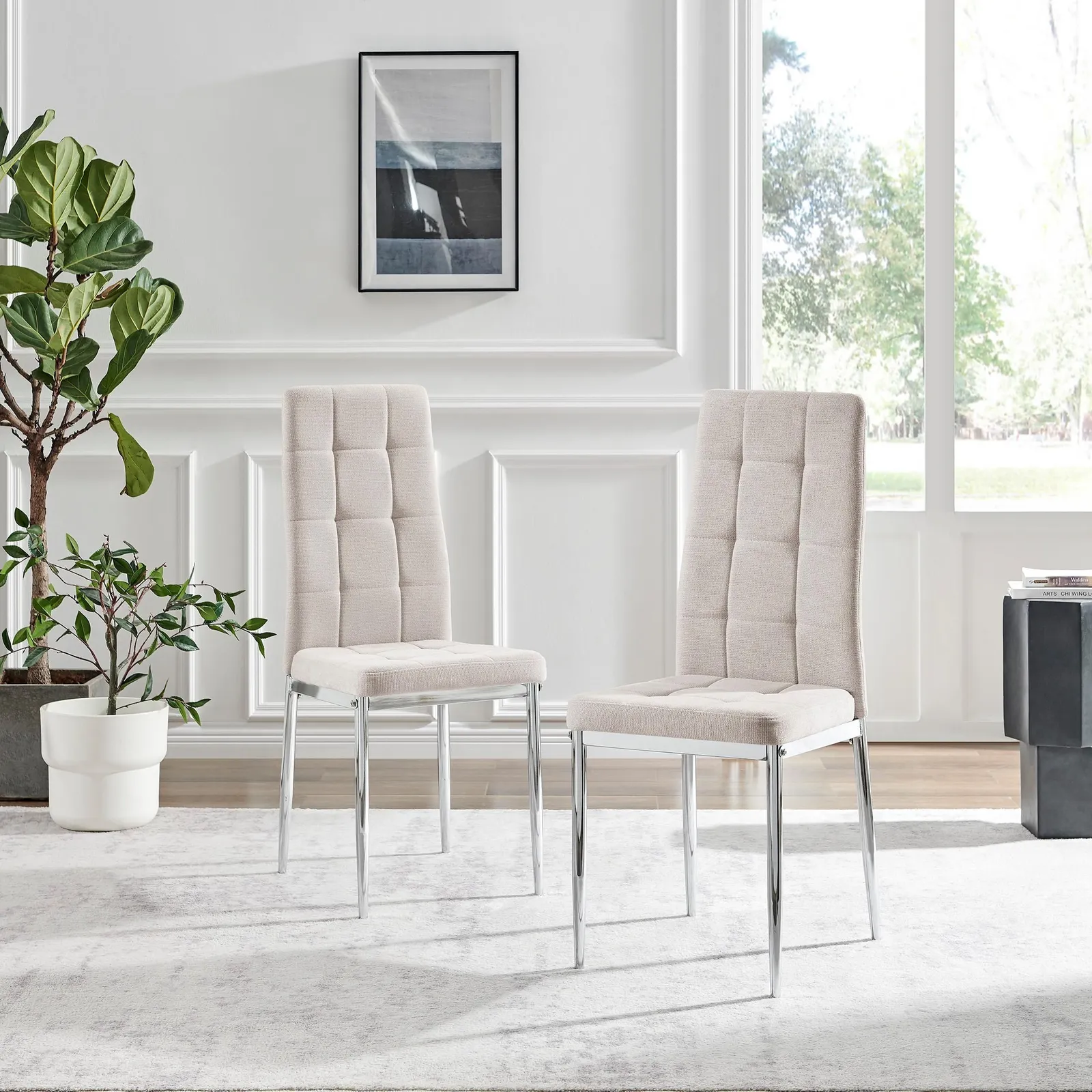 FurnitureboxUK Set 2 Paloma Modern Fabric Dining Chairs On Silver Legs in Cream 2