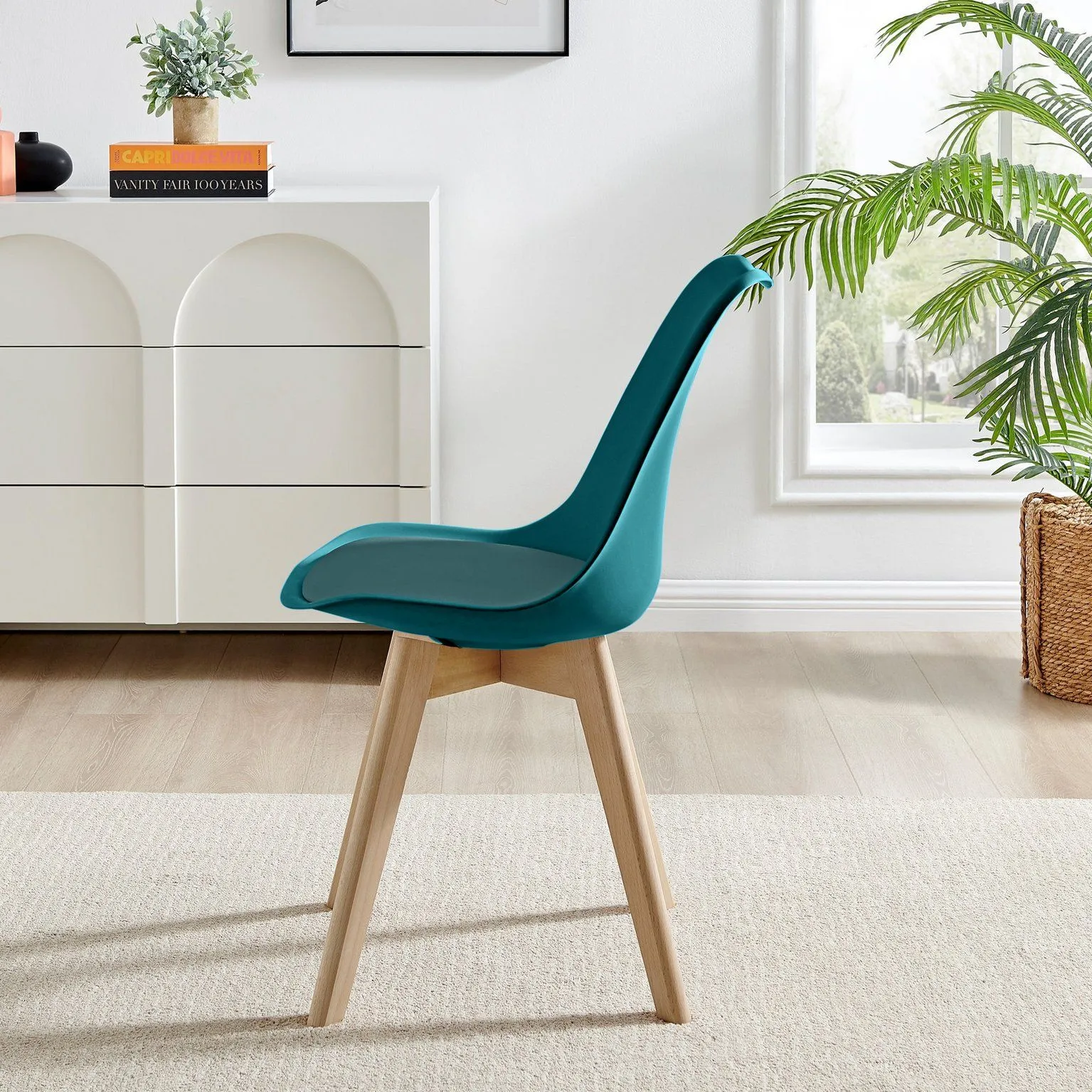 FurnitureboxUK Set of 2 Stockholm Natural Birch Wood Scandi Minimalist Dining Chairs with Faux Leather Cushion in Teal 4