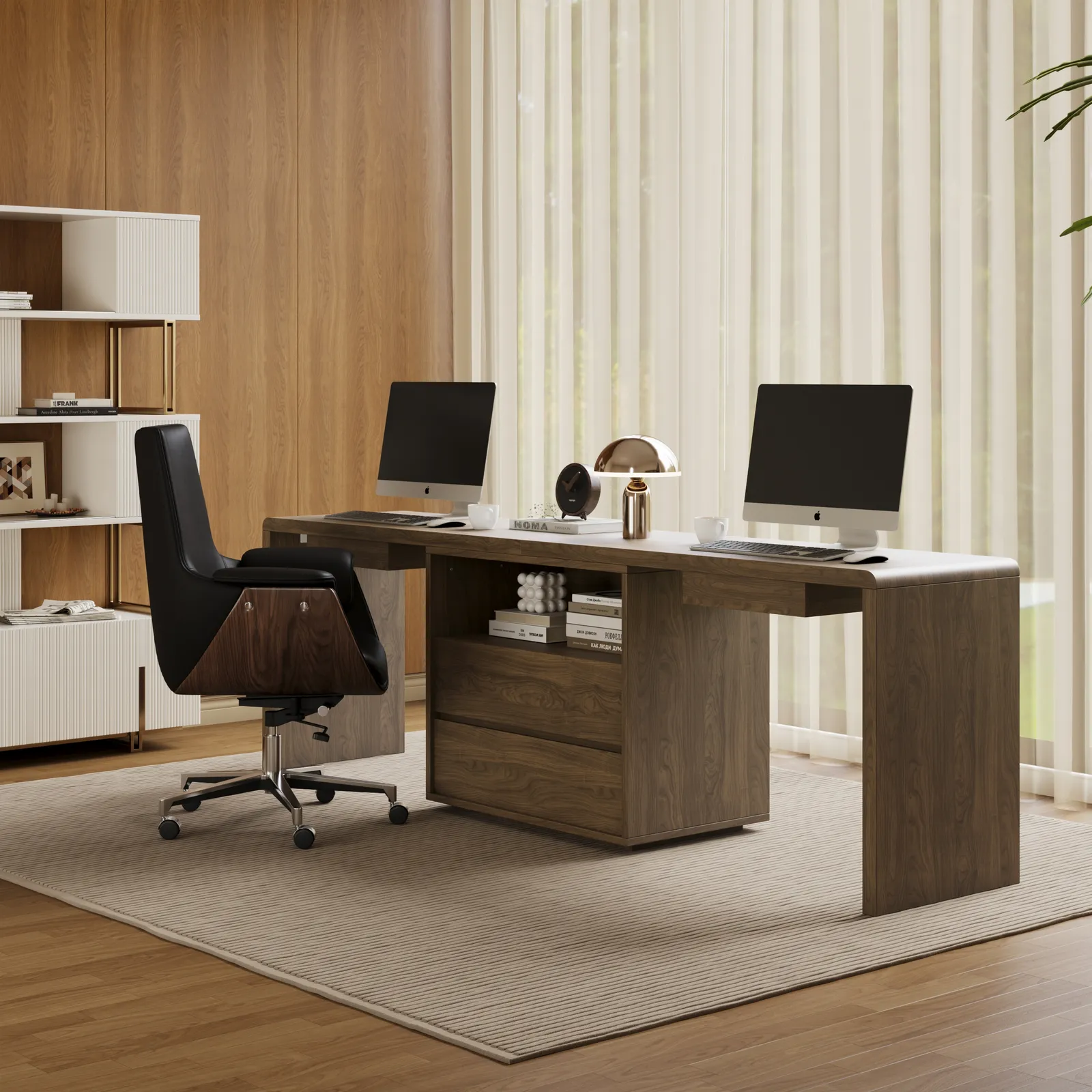 Modern 240 cm Rectangular Smoked Brown Double Desk with Drawers, Seats 2