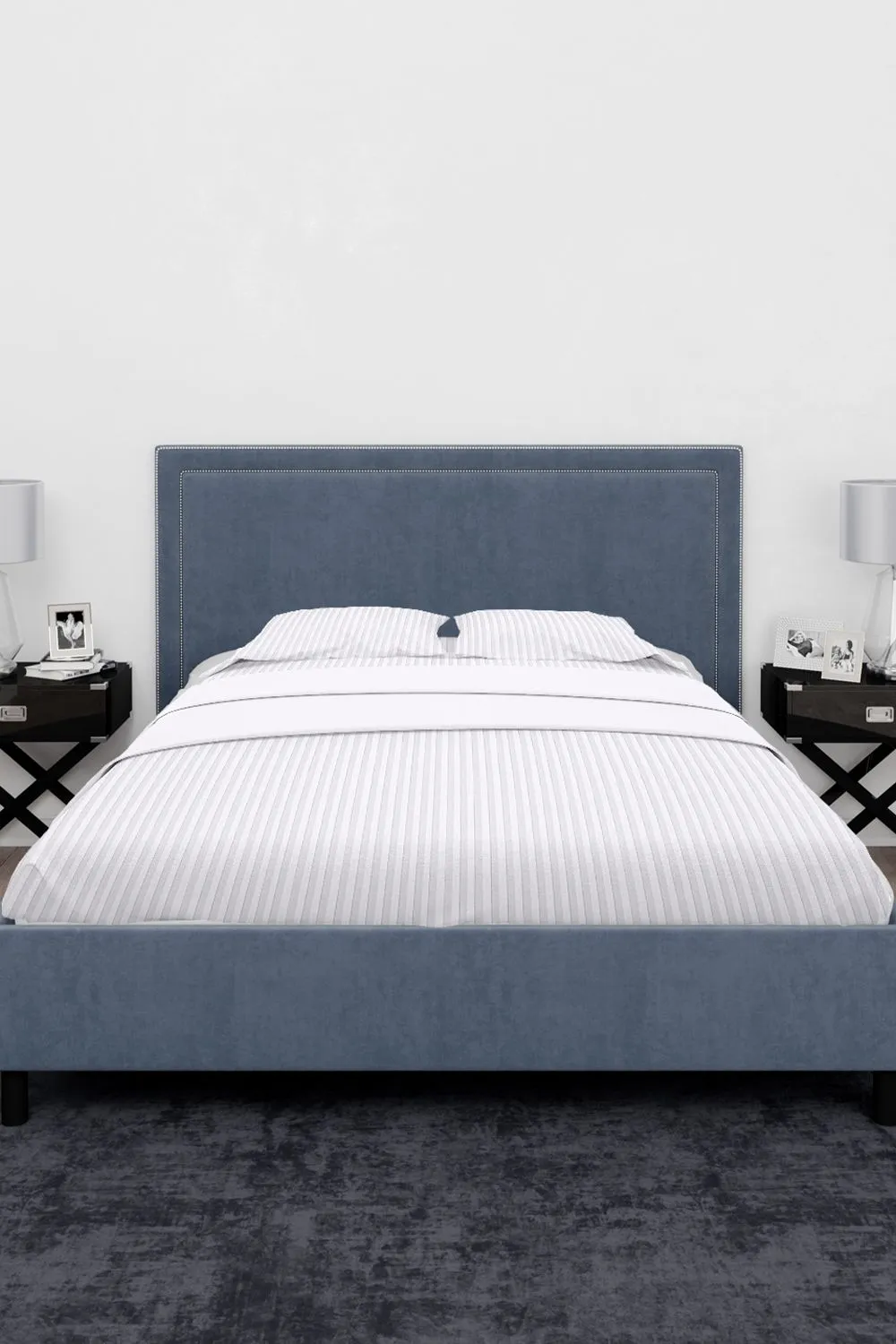Neel Blue 300TC Cotton Fitted Sheet, White Satin Stripe, Double, 135x190x30cm