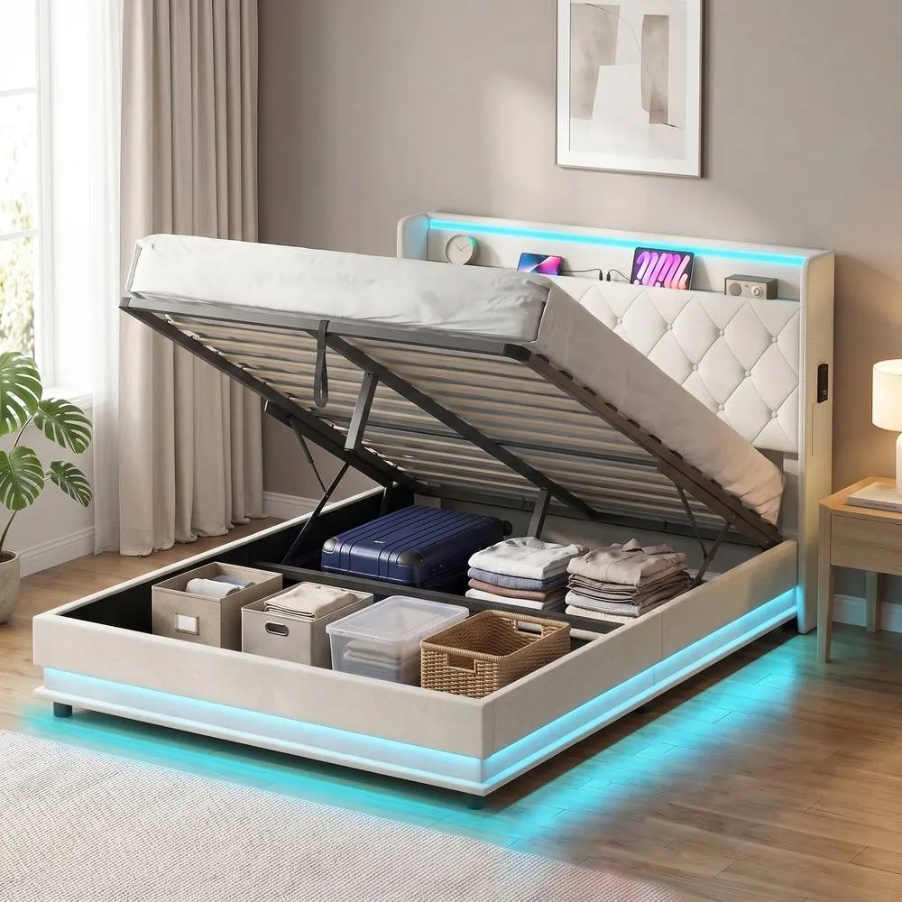 HOMCOM Lift up Storage Bed Frame with RGB LED Lights, 135 x 190cm, Cream 2
