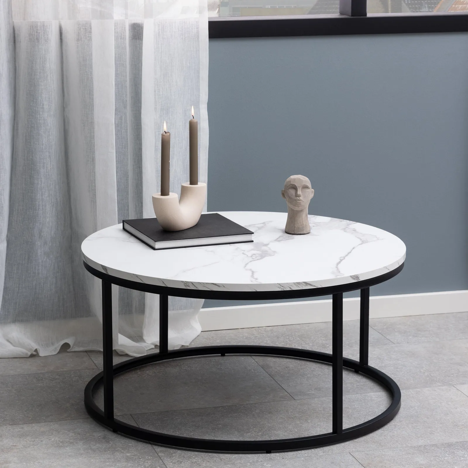 Furniture To Go Spiro Coffee Table with White Marble Melamine Top & Black Legs 3
