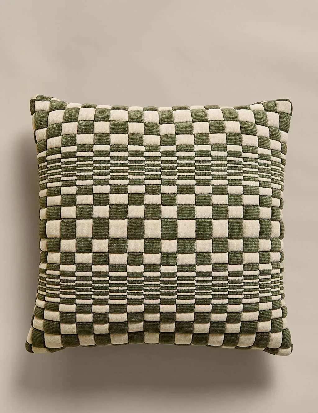 M&S Chenille Checked Quilted Cushion Green Mix