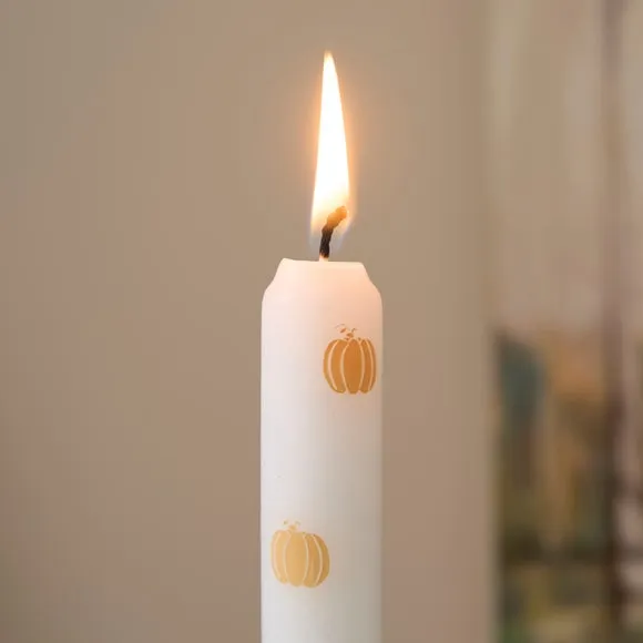 Set of 2 Pumpkin Print White Taper Candles 2