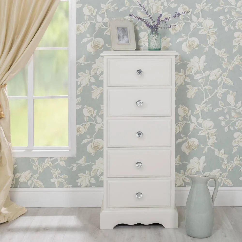Statement Furniture Romance 5 Drawer Tallboy with Crystal Handles in Light Grey