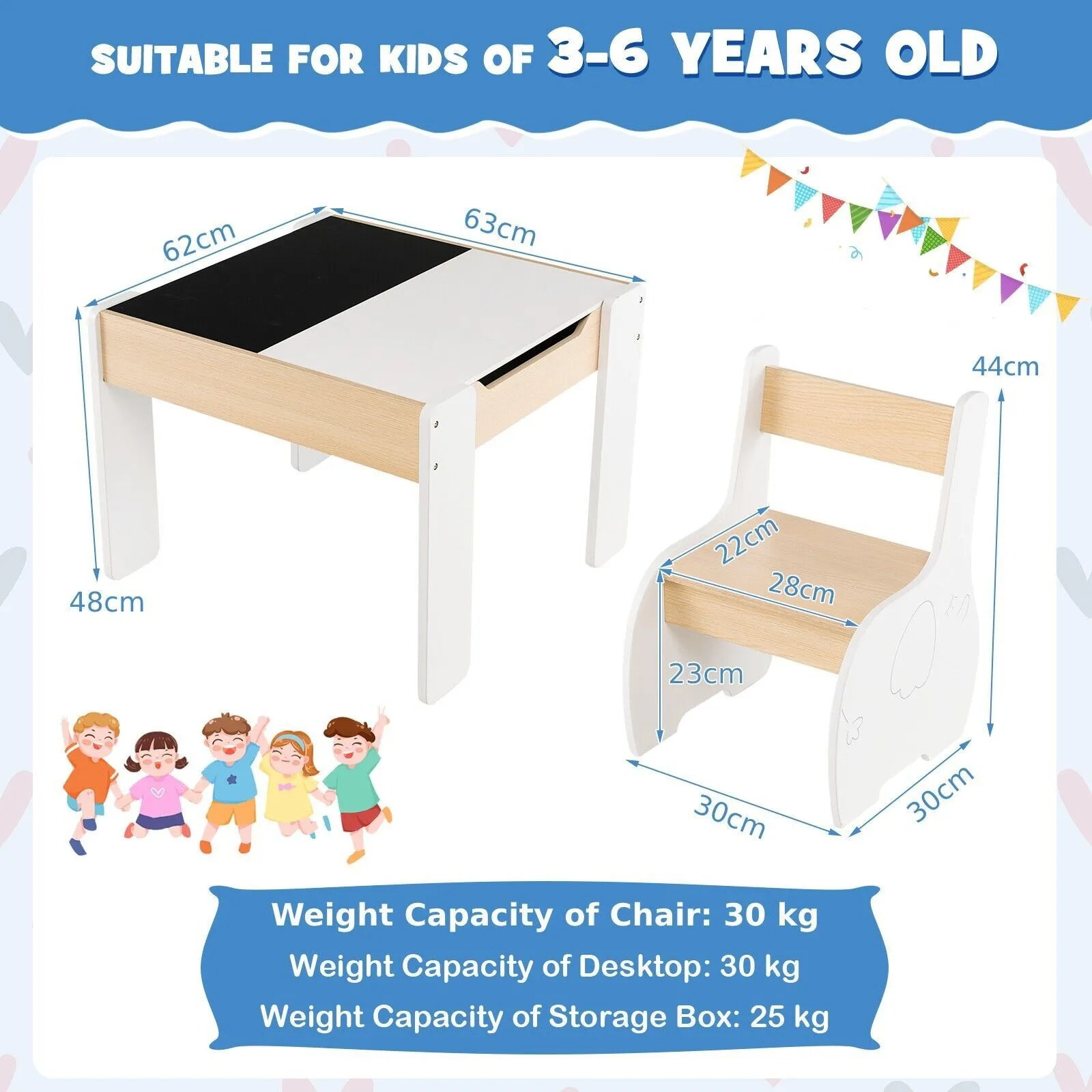 Costway Table & Chair Set Activity Desk 2 Chairs with Reversible Blackborad in White 2