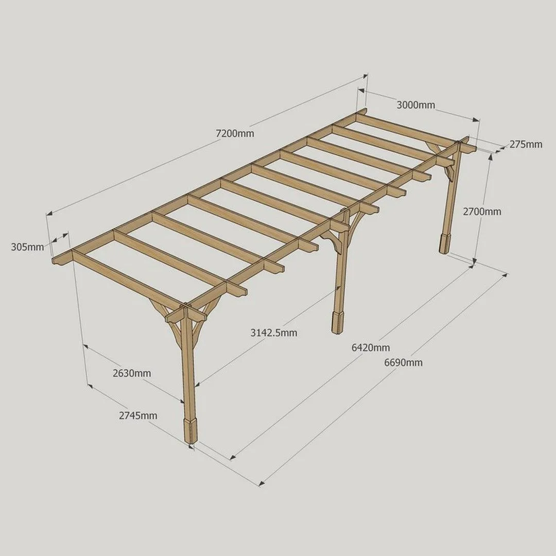 Rutland County Garden Furniture Ltd Wall Mounted Premium Pergola 3 Posts, L300 x W720 x H270 cm, Brown in Green 4