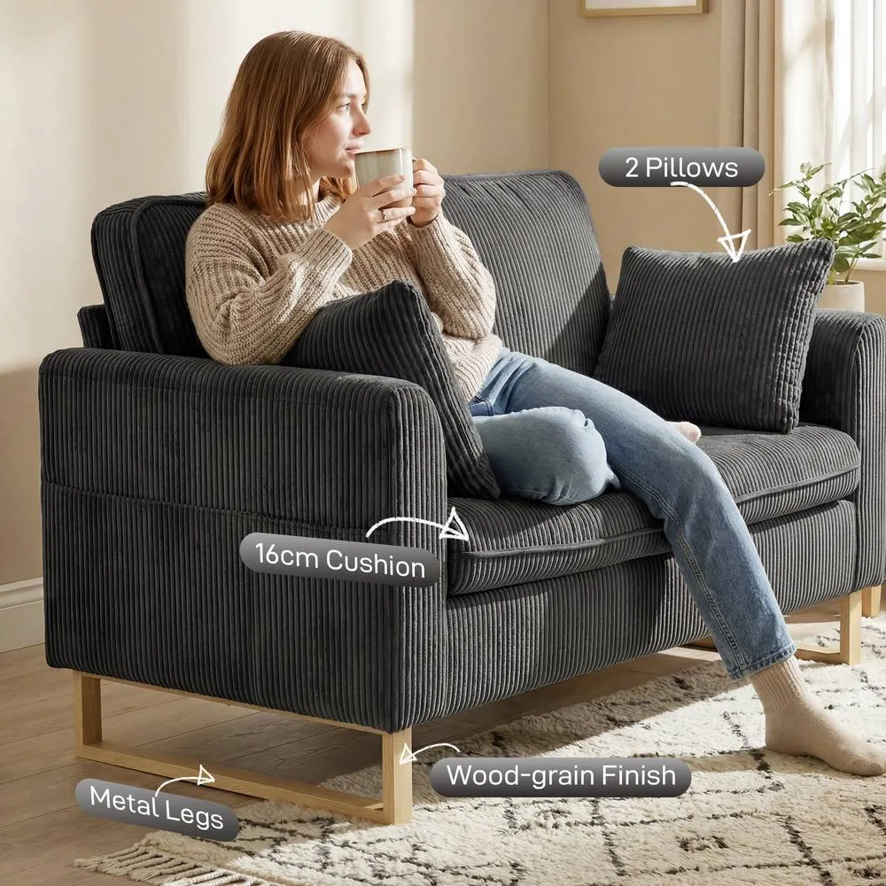 HOMCOM 2 Seater Sofa, Corduroy Sofa w/ Spring Cushions 2 Pillows, Dark Grey 5