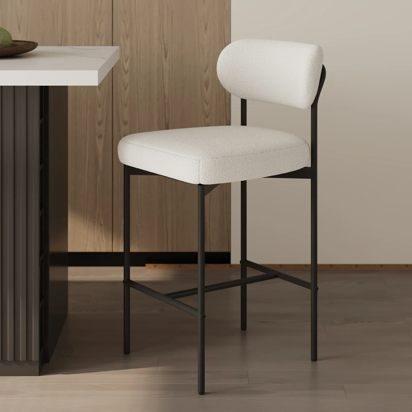 Modern Boucle White Counter Stool Set of 6 with Back & Footrest