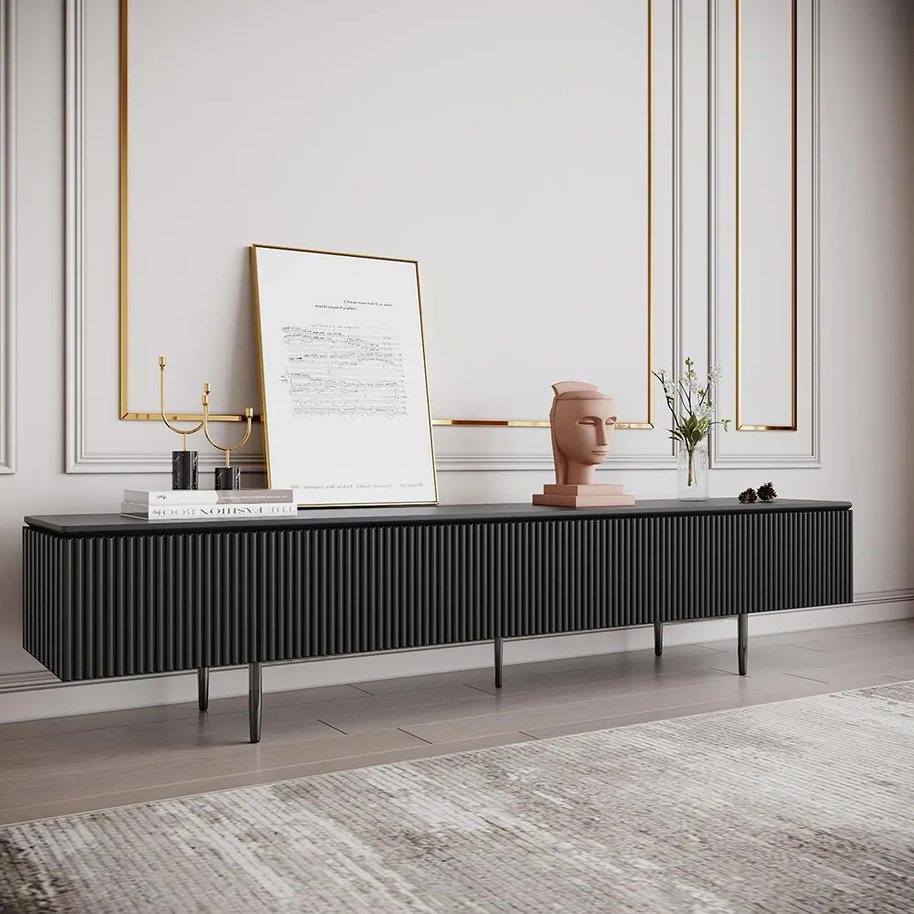 Modern 1800mm TV Stand with Drawers Line Media Console with Black Metal Legs