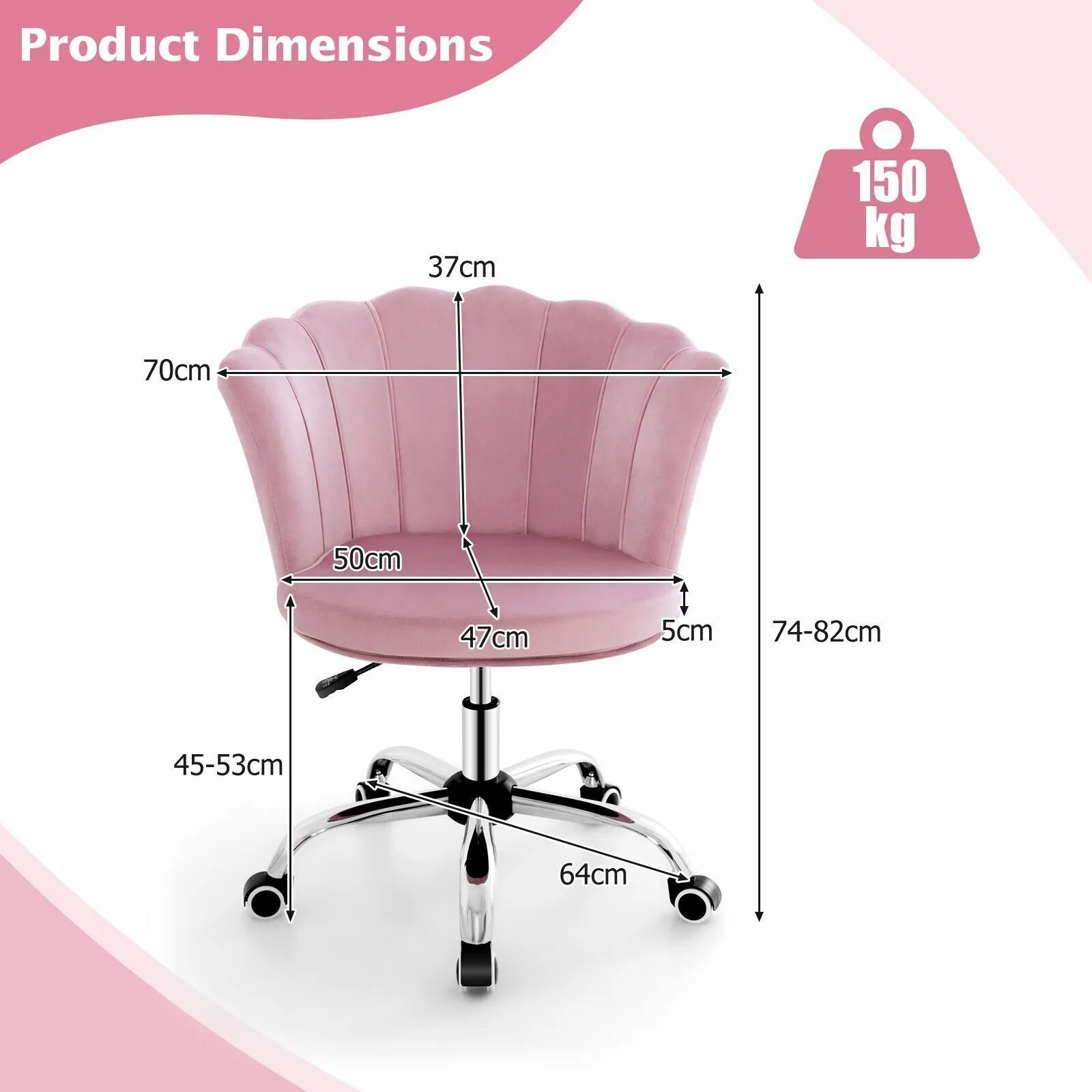Costway Adjustable Vanity Chair Upholstered Velvet Arm Chair w/Wheels in Pink 2