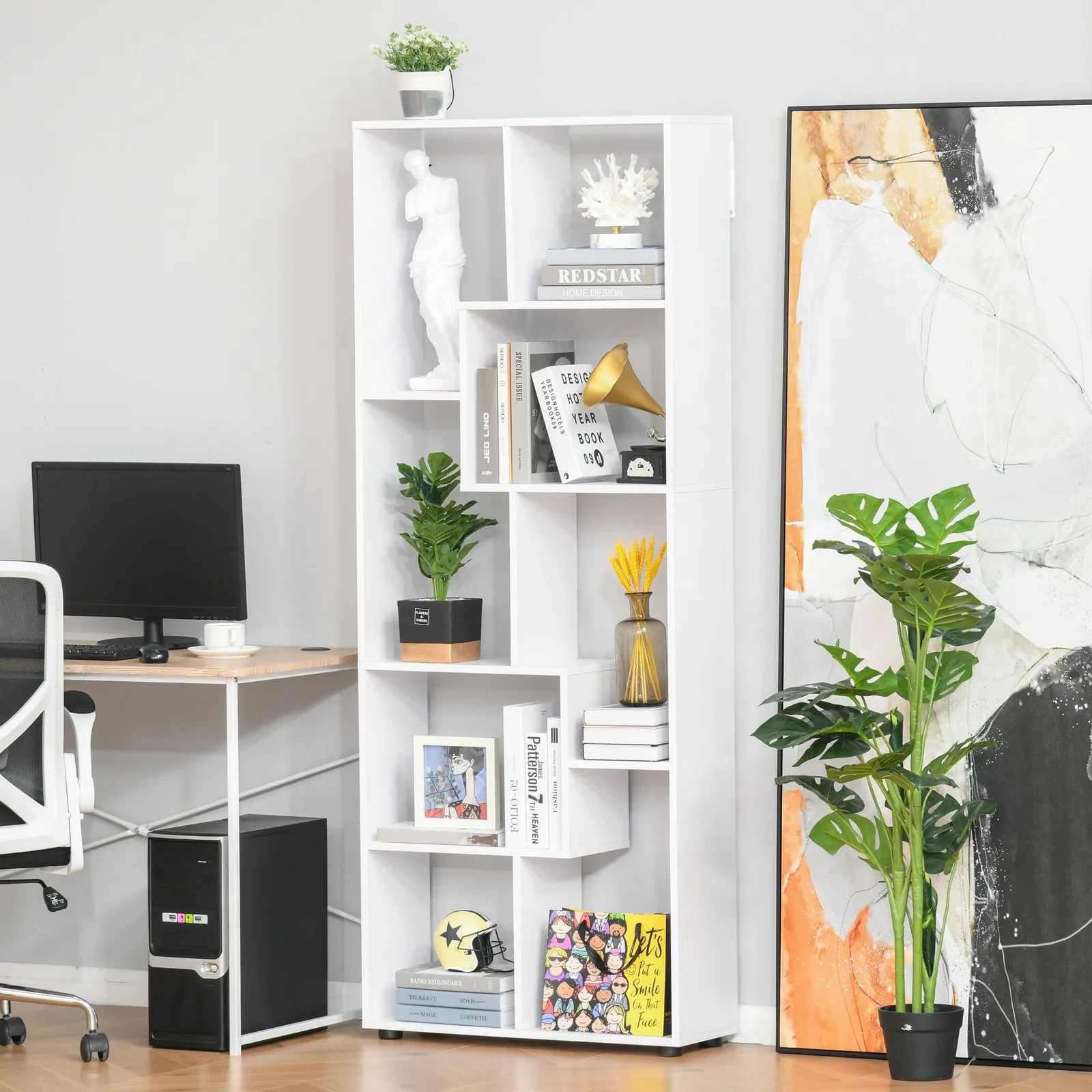HOMCOM 7-Tier Bookshelf w/ Melamine Surface Foot Pads Anti-Tipping for Home in White