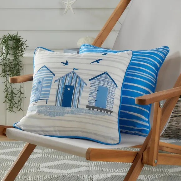 Beach Huts Outdoor Cotton Square Filled Cushion 1